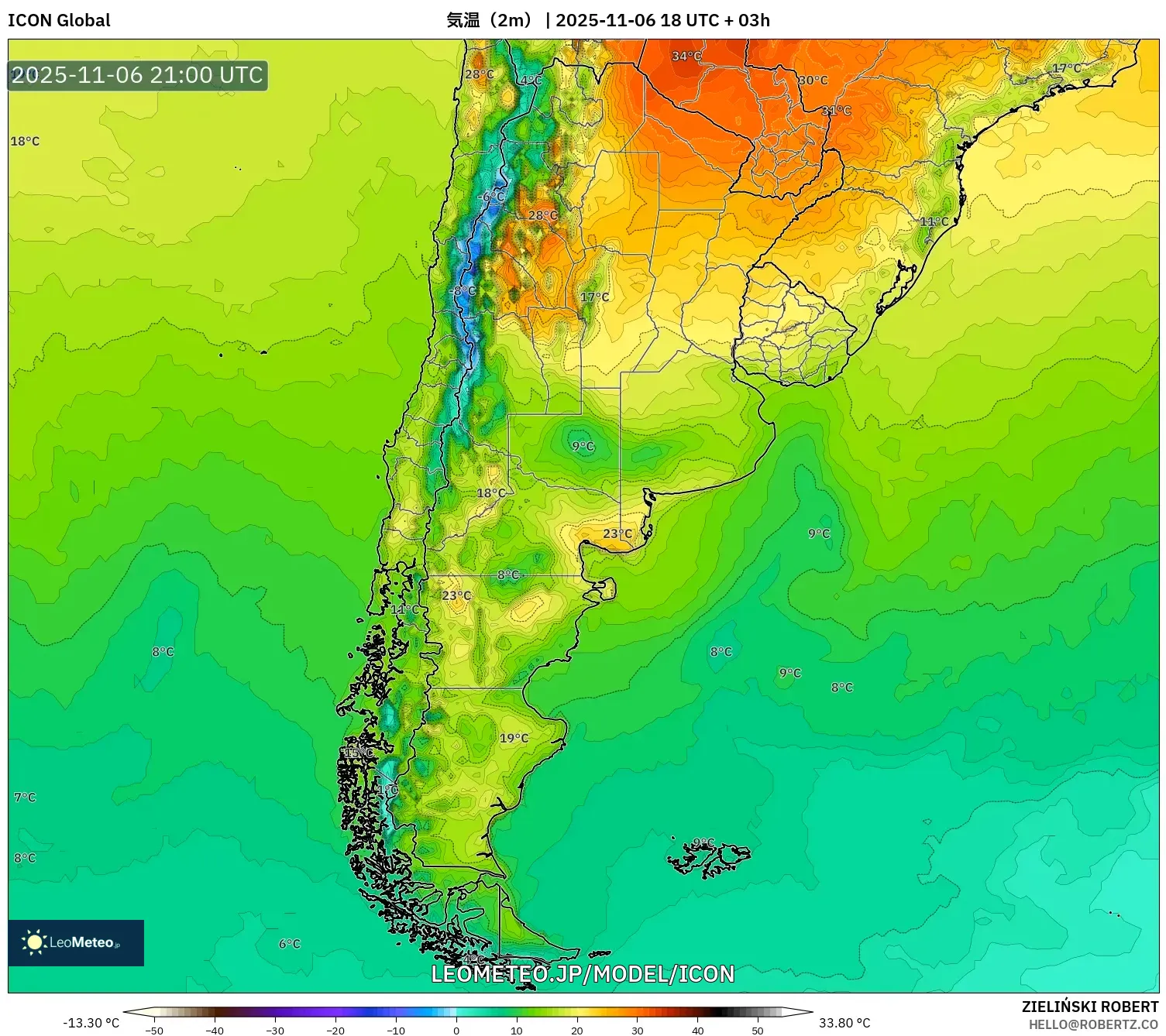 ICON model - アルゼンチン, 気温（2m）
