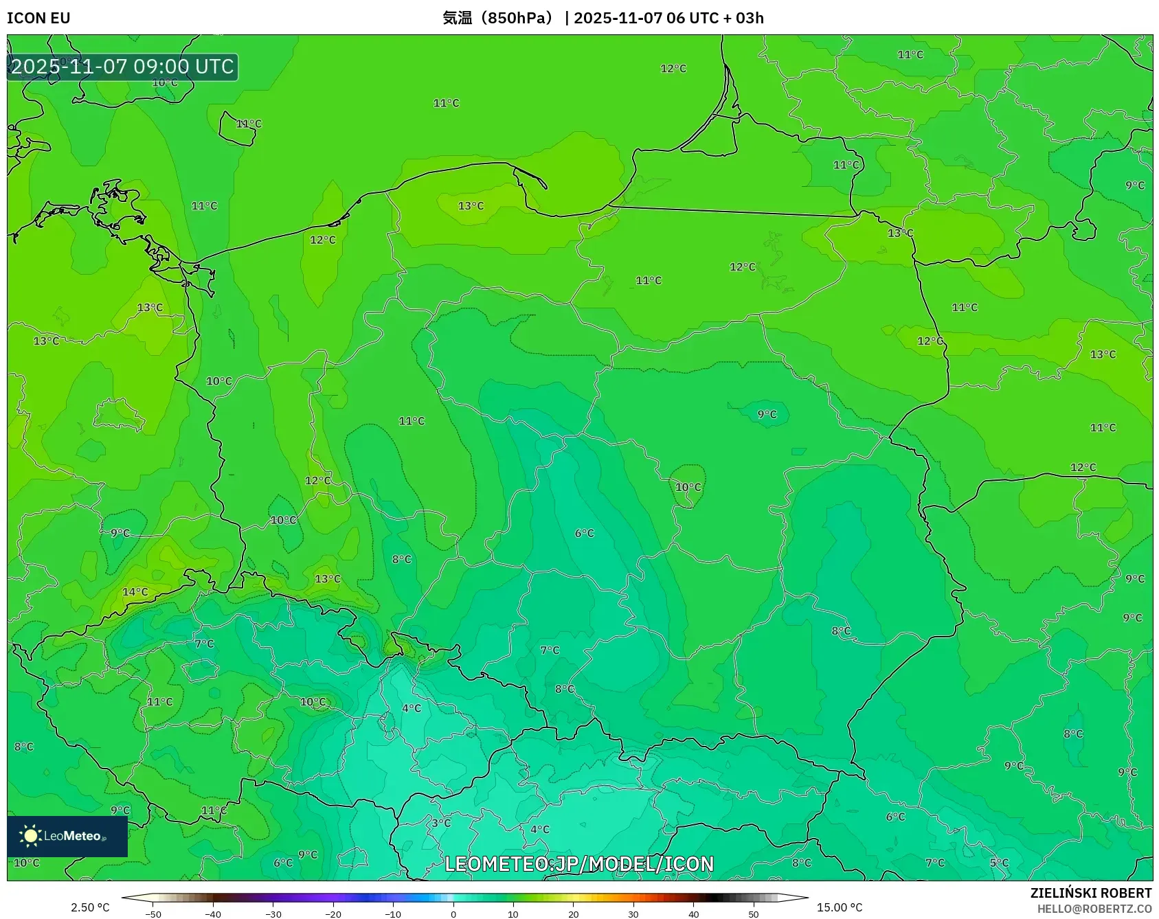 ICON model - ポーランド, 気温（850hPa）