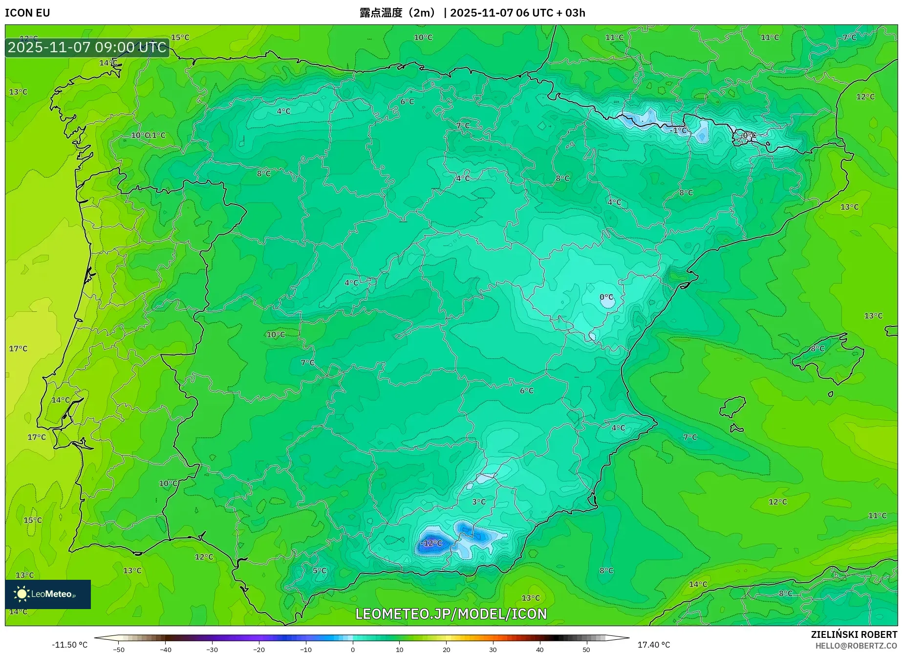 ICON model - スペイン, 露点温度（2m）