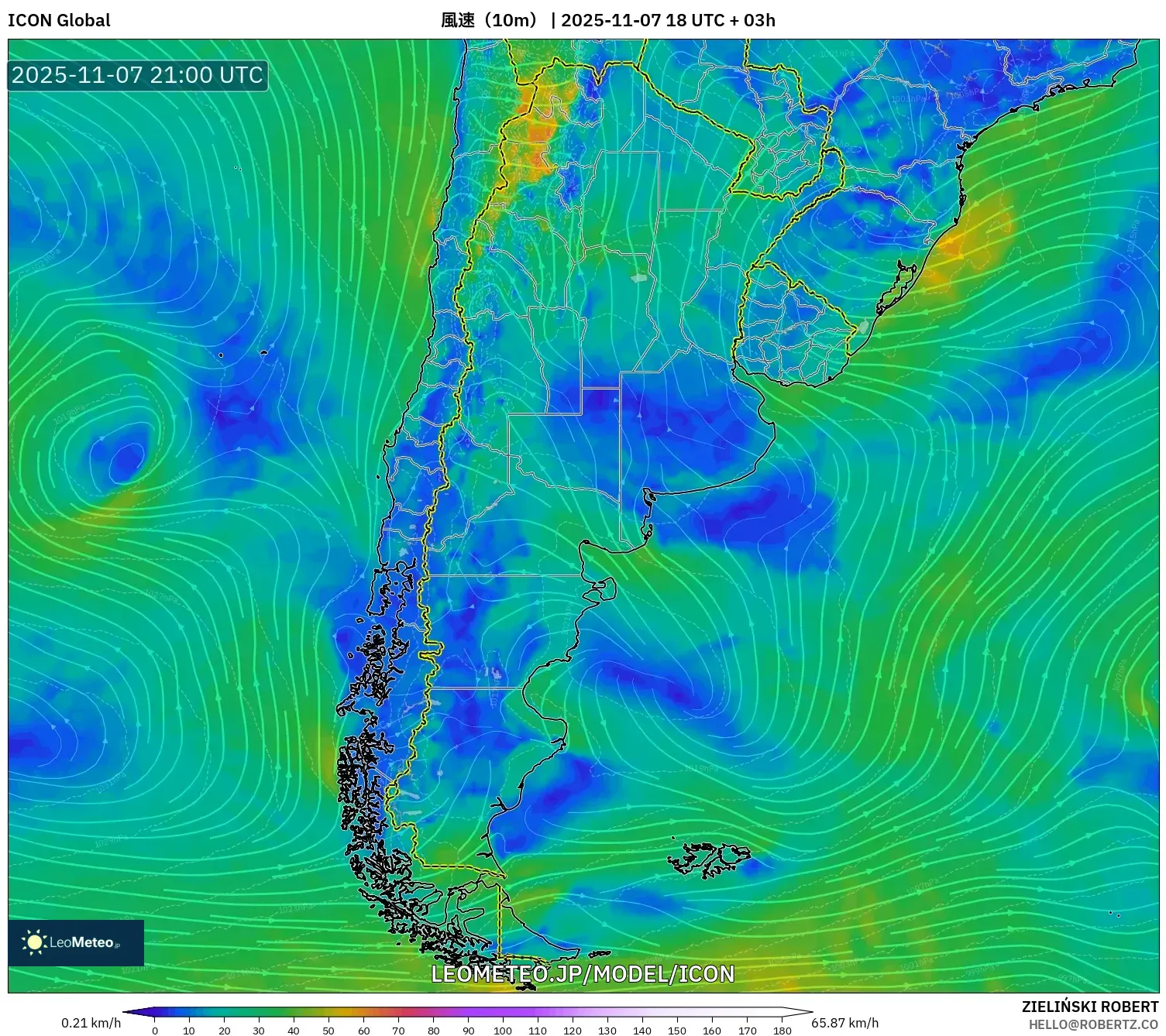 ICON model - アルゼンチン, 風速（10m）