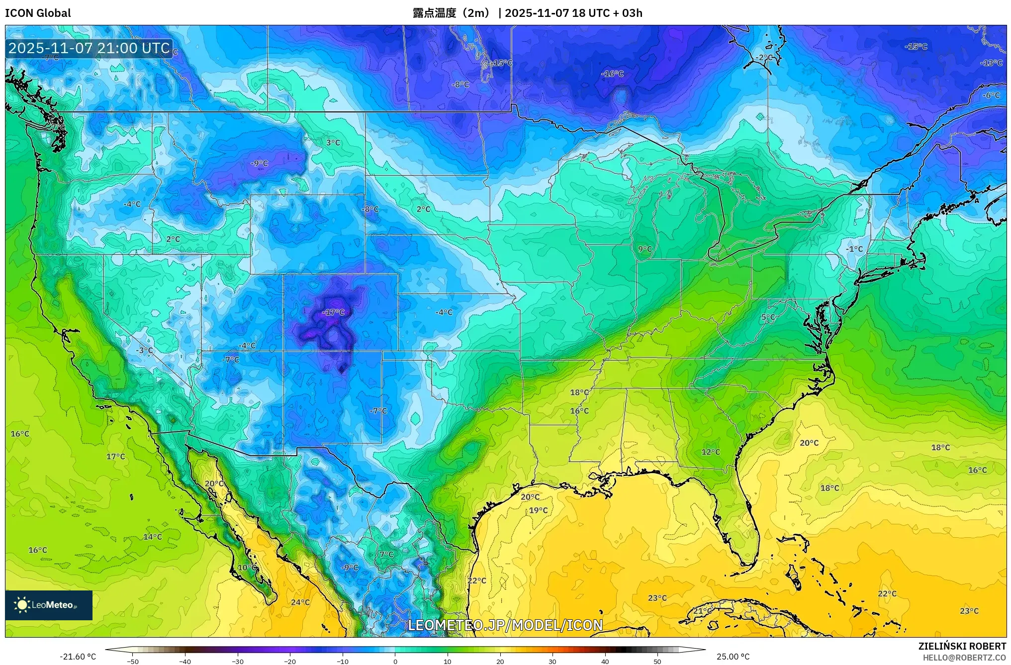 ICON model - アメリカ合衆国, 露点温度（2m）