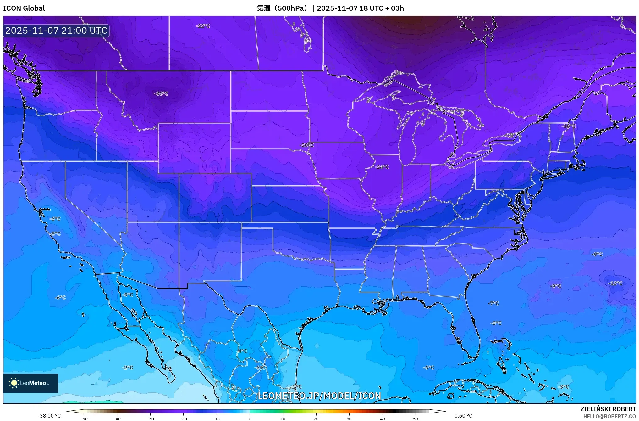 ICON model - アメリカ合衆国, 気温（500hPa）