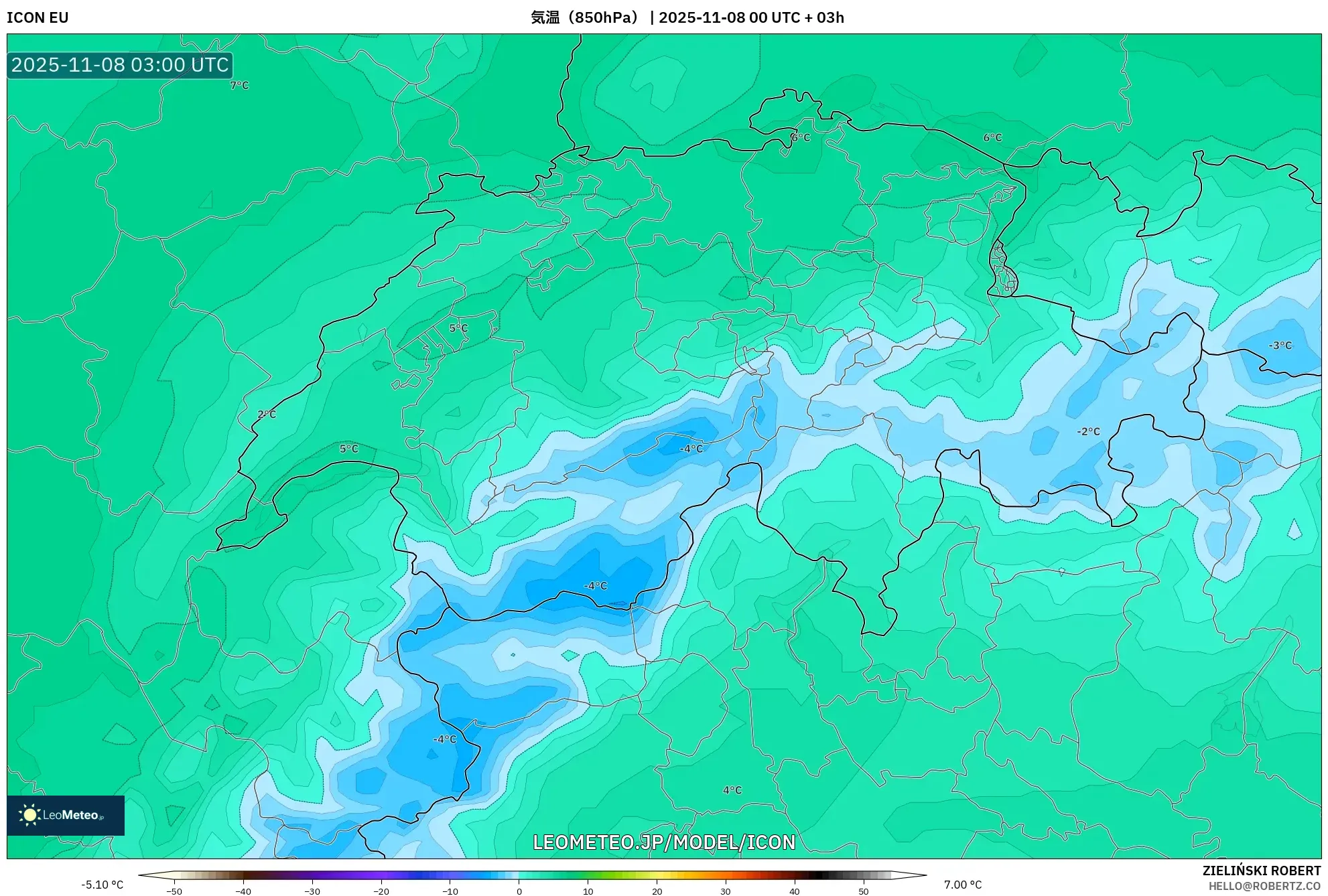 ICON model - スイス, 気温（850hPa）