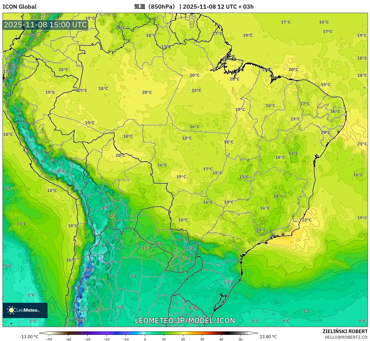 ICON model - ブラジル, 気温（850hPa）