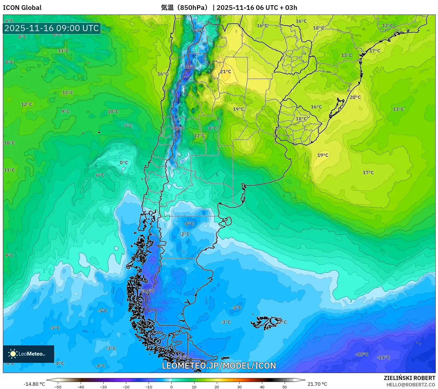 ICON model - アルゼンチン, 気温（850hPa）