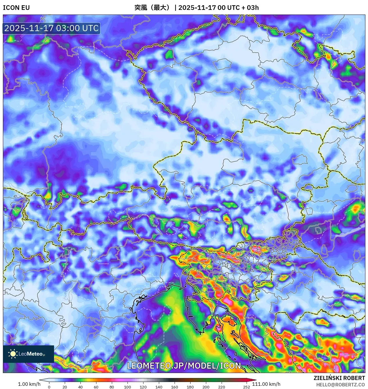 ICON model - オーストリア, 突風（最大）