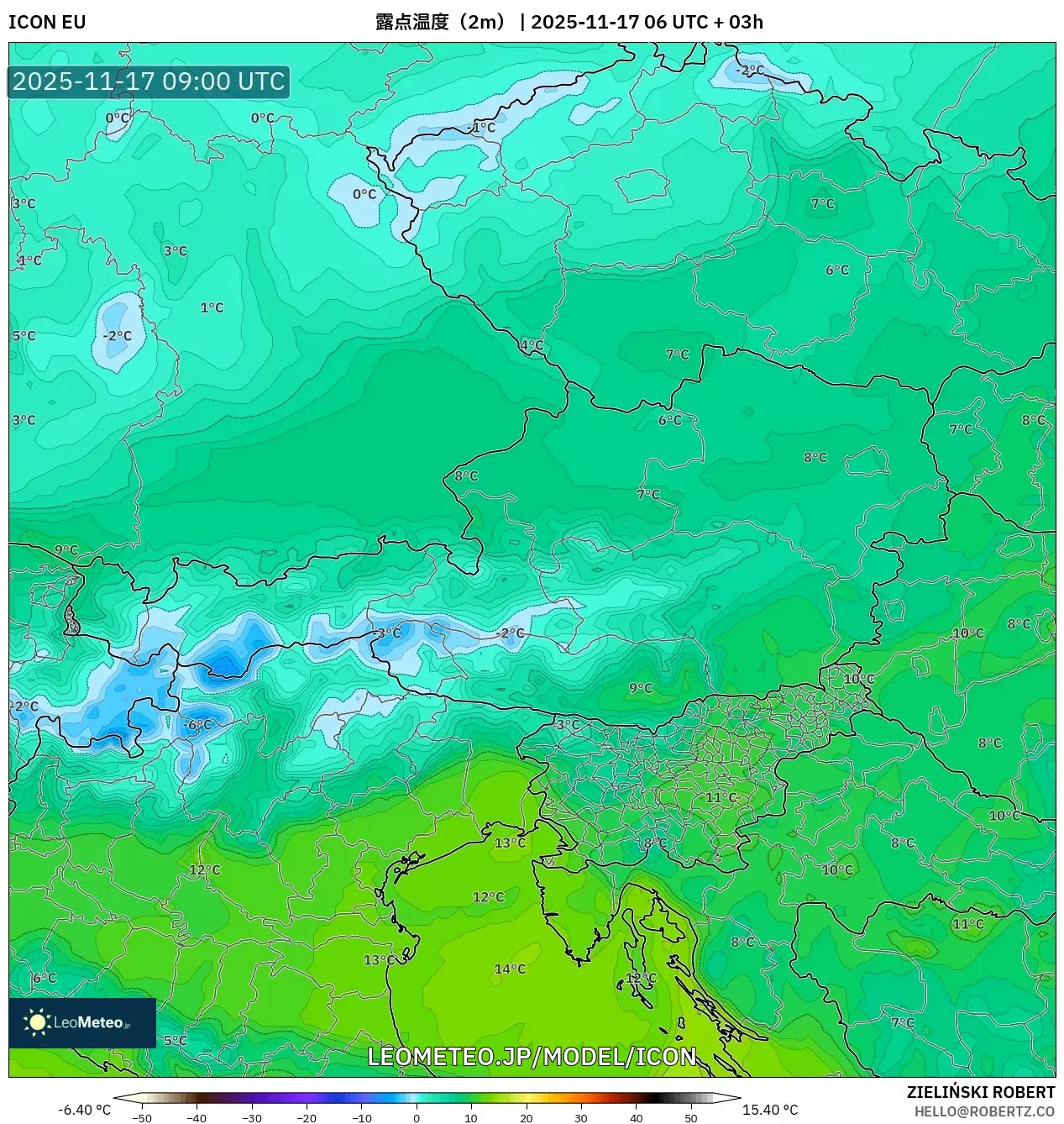ICON model - オーストリア, 露点温度（2m）