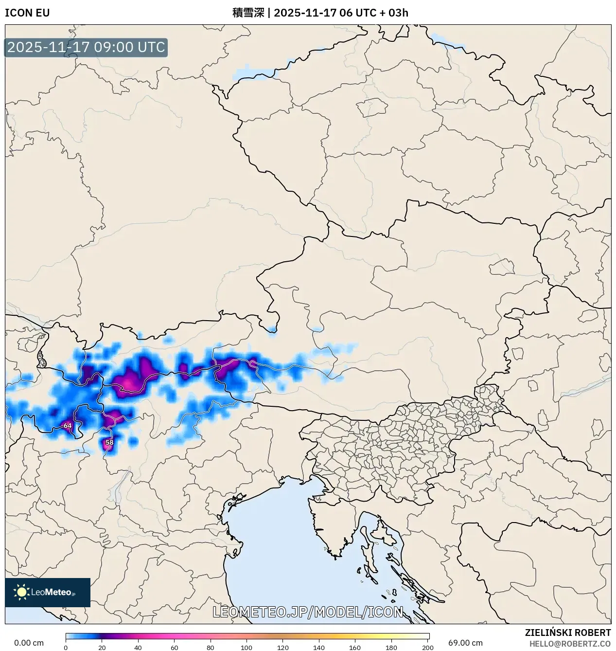 ICON model - オーストリア, 積雪深