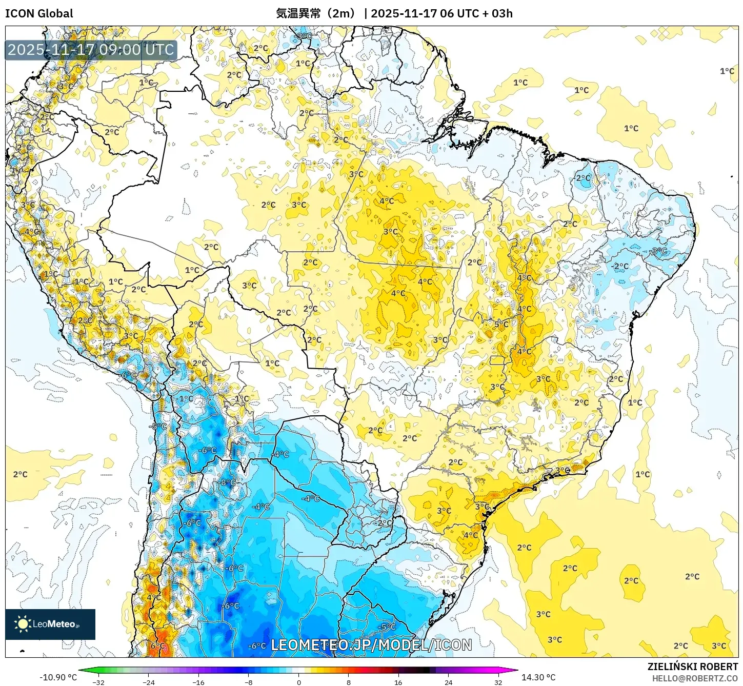 ICON model - ブラジル, 気温異常（2m）