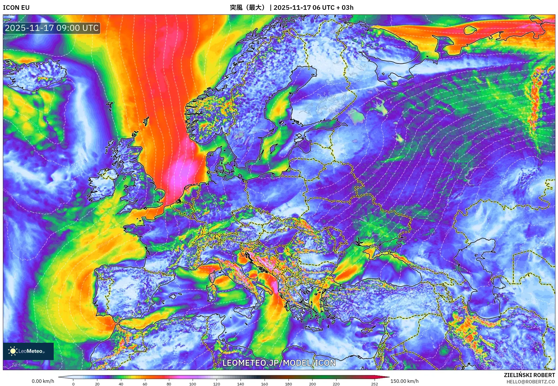ICON model - ヨーロッパ, 突風（最大）