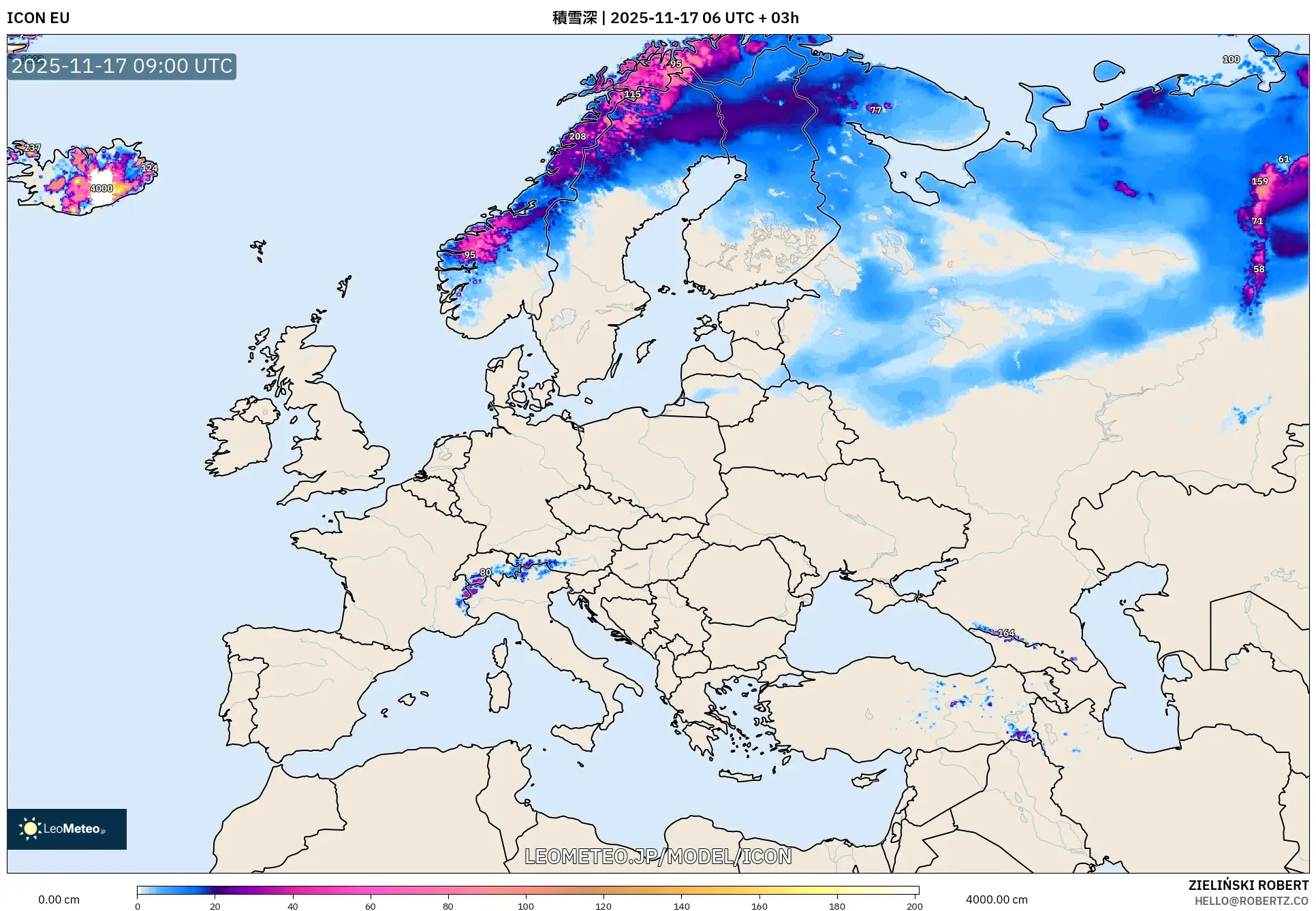 ICON model - ヨーロッパ, 積雪深