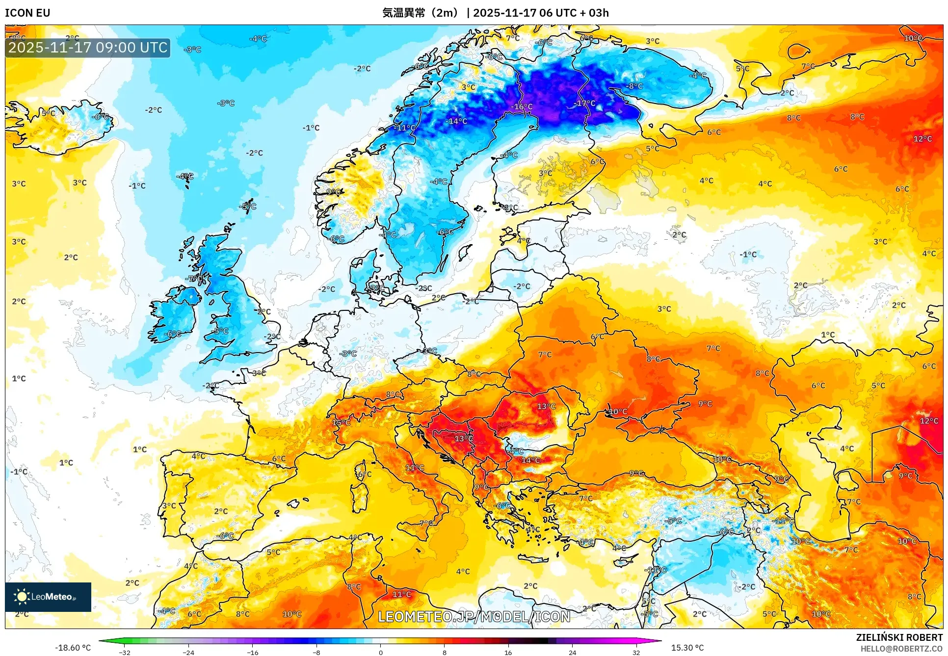 ICON model - ヨーロッパ, 気温異常（2m）