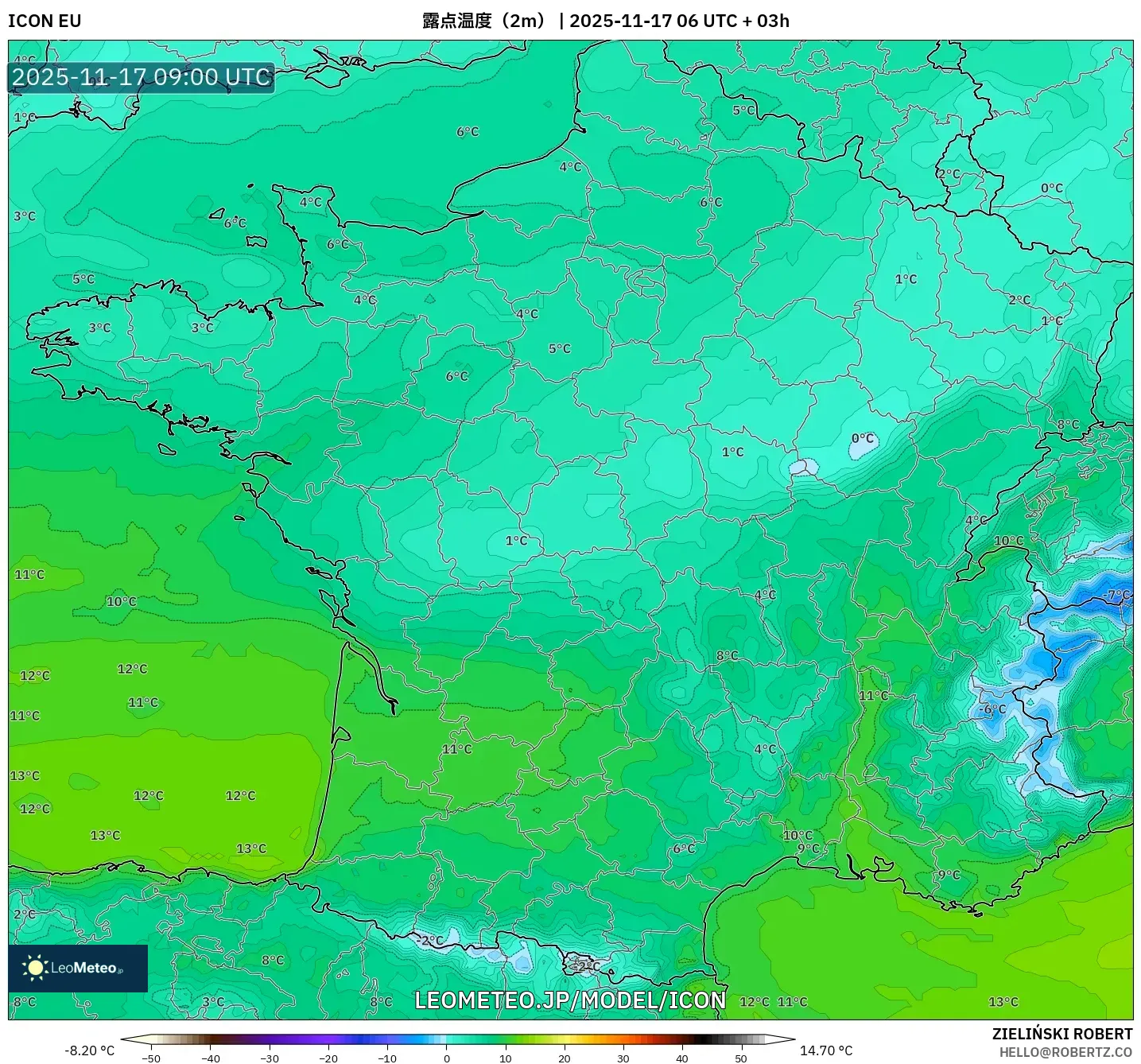 ICON model - フランス, 露点温度（2m）