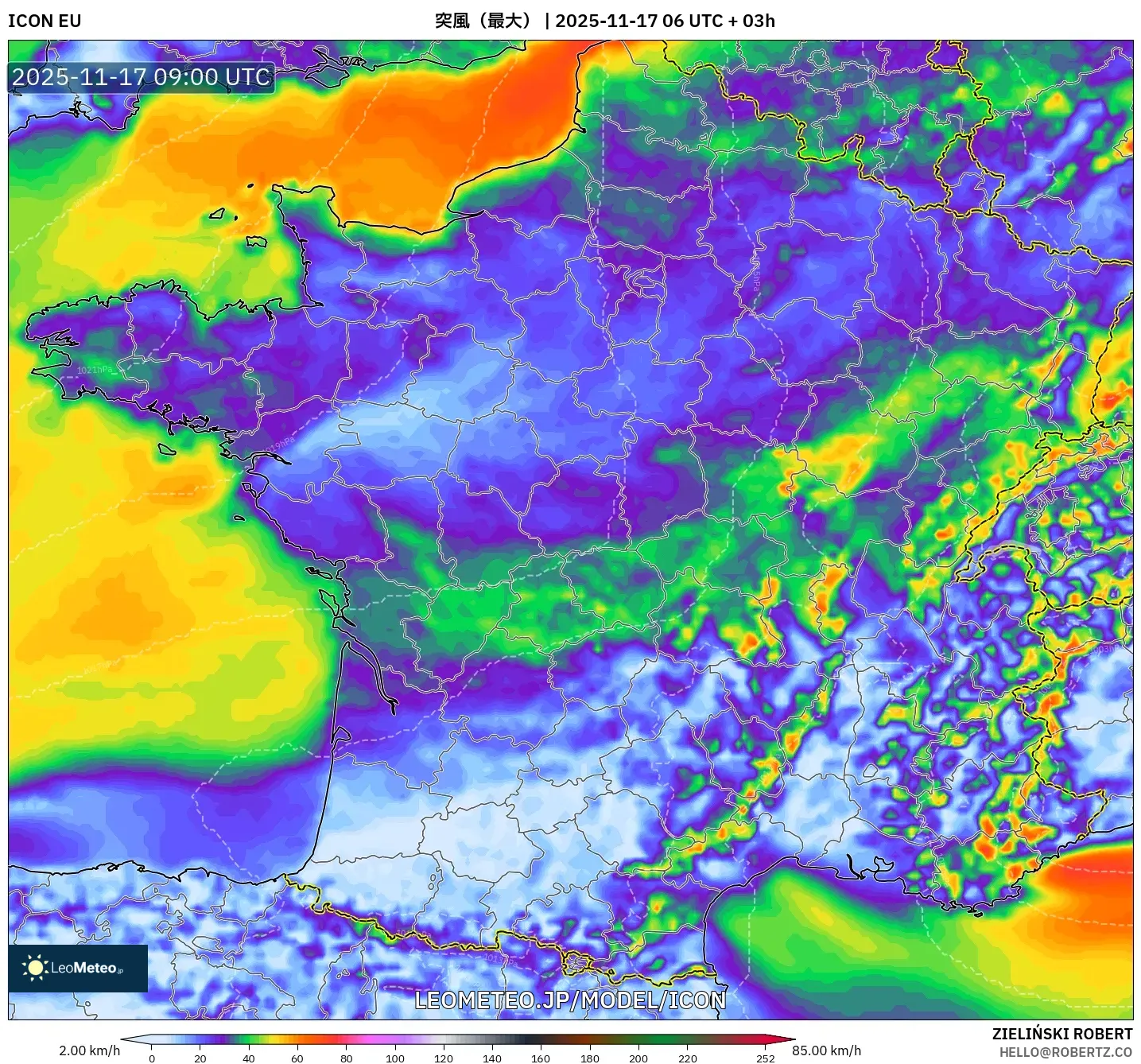 ICON model - フランス, 突風（最大）