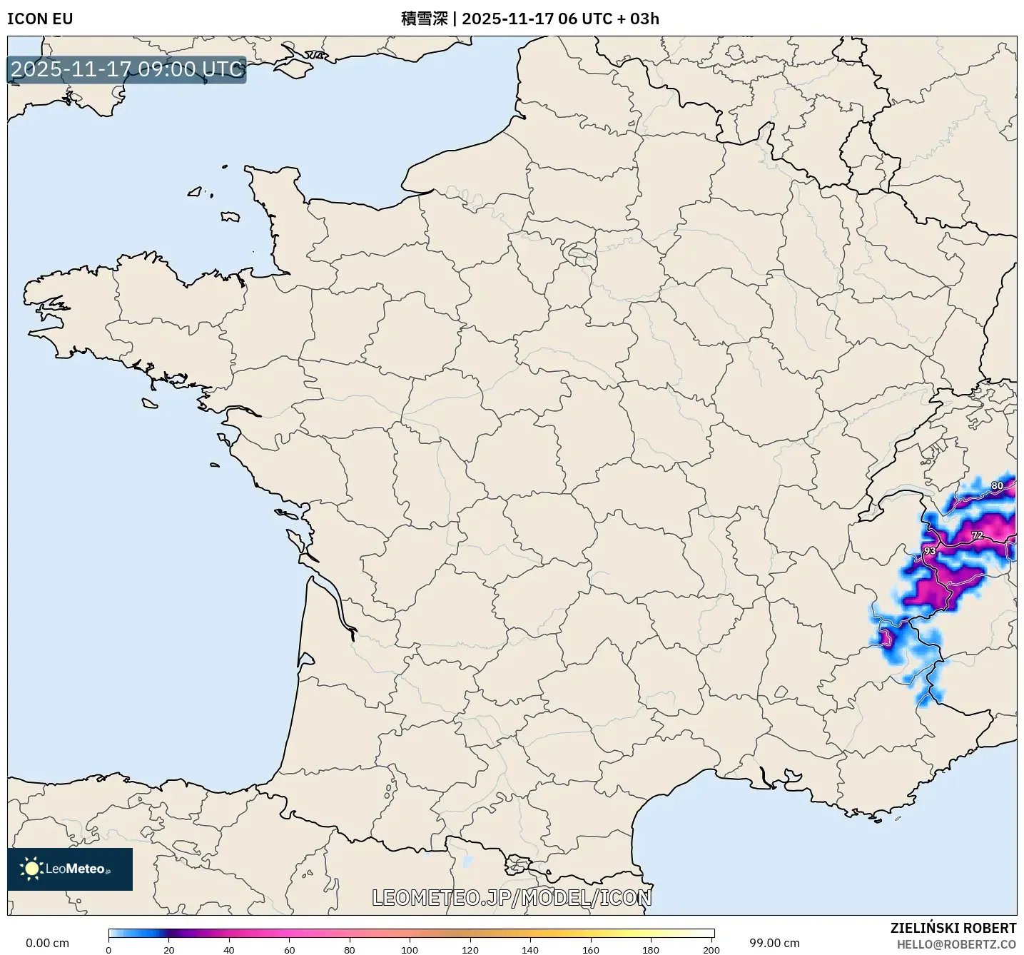 ICON model - フランス, 積雪深