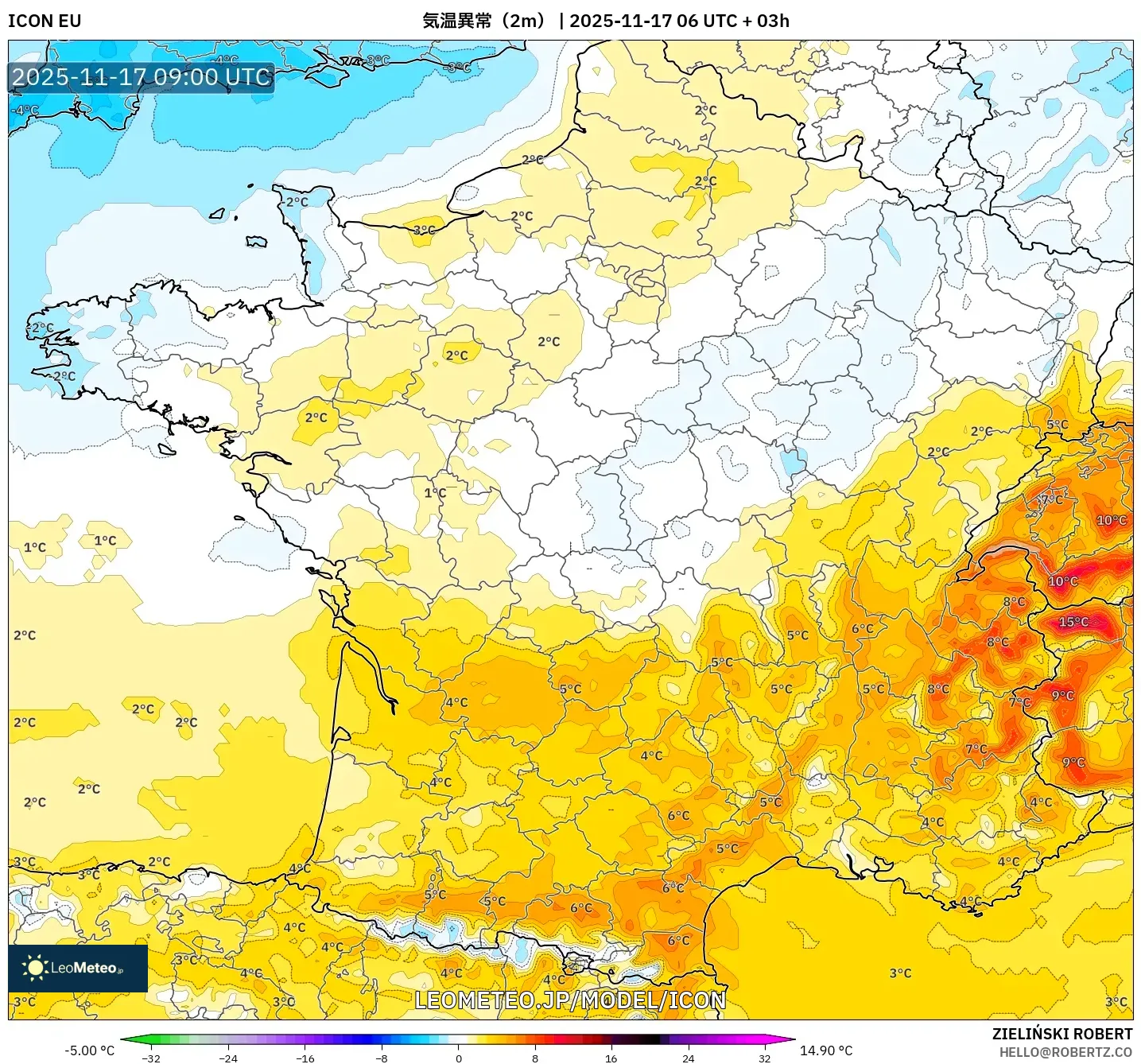 ICON model - フランス, 気温異常（2m）