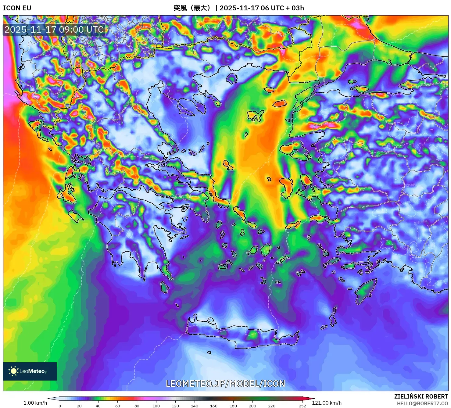 ICON model - ギリシャ, 突風（最大）