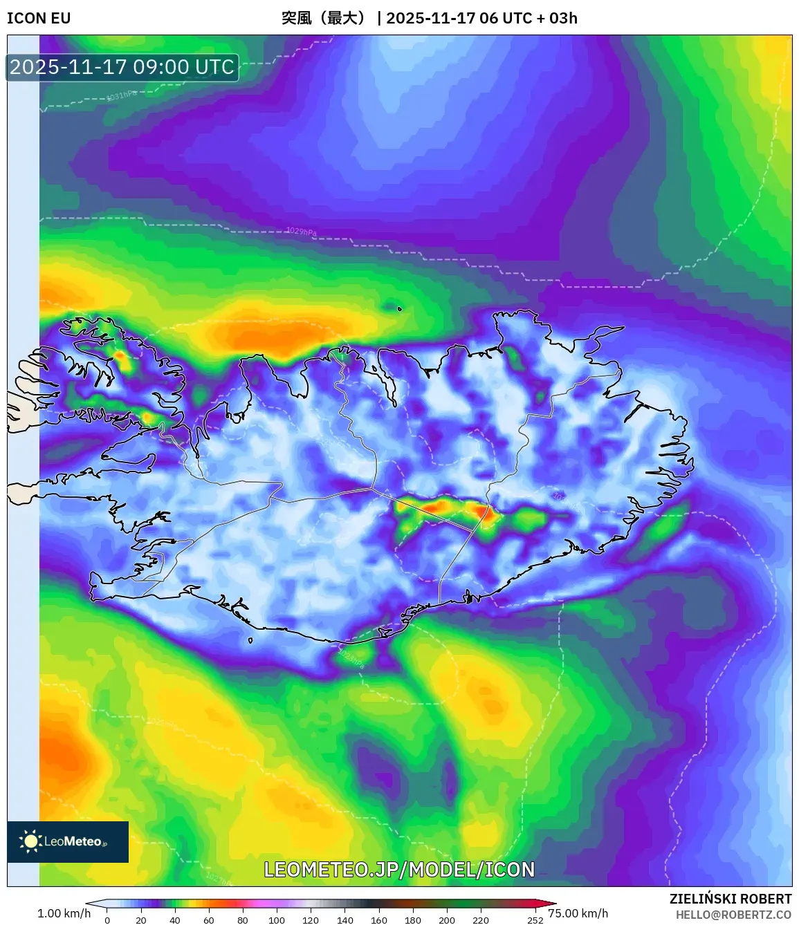 ICON model - アイスランド, 突風（最大）