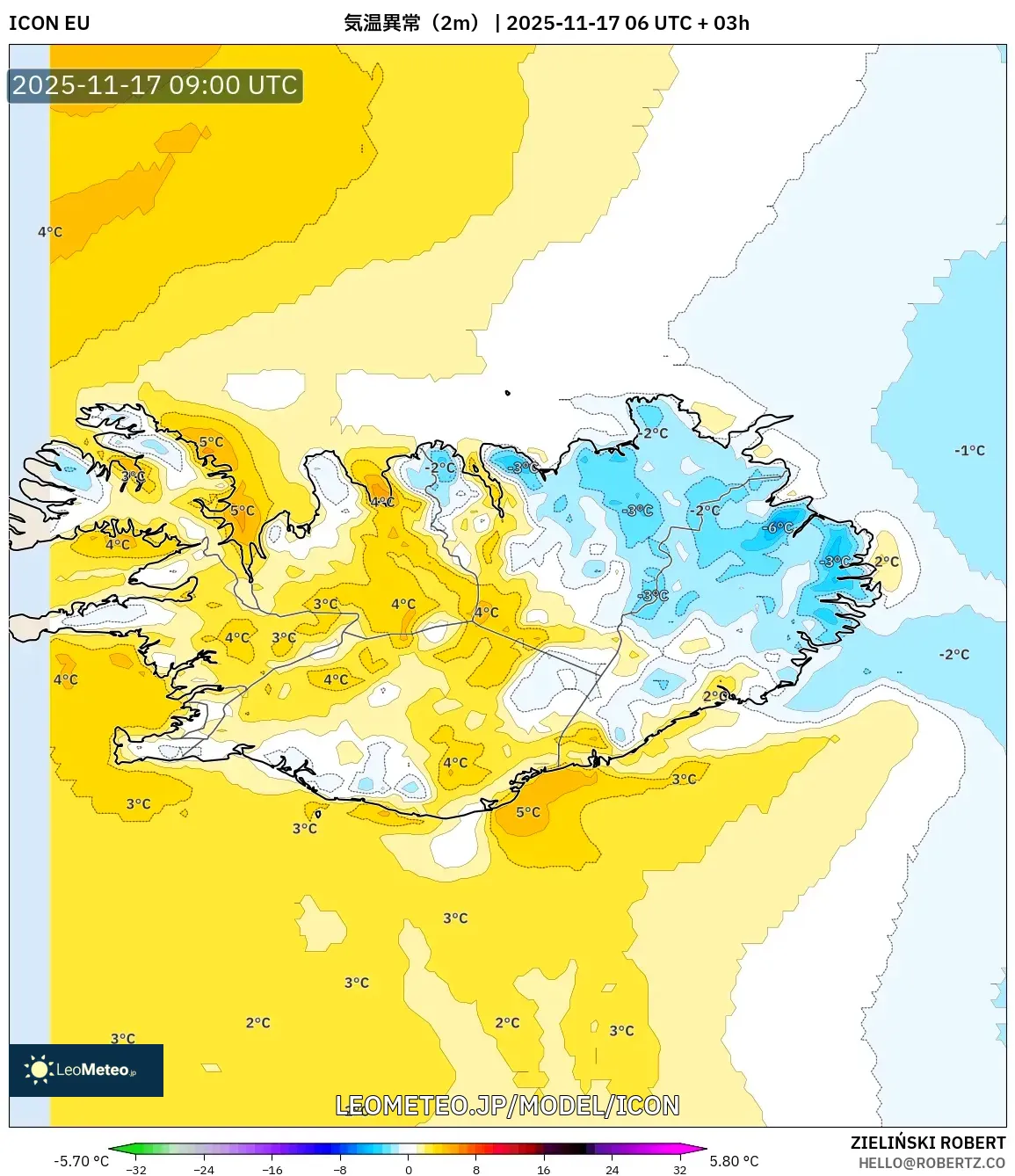 ICON model - アイスランド, 気温異常（2m）