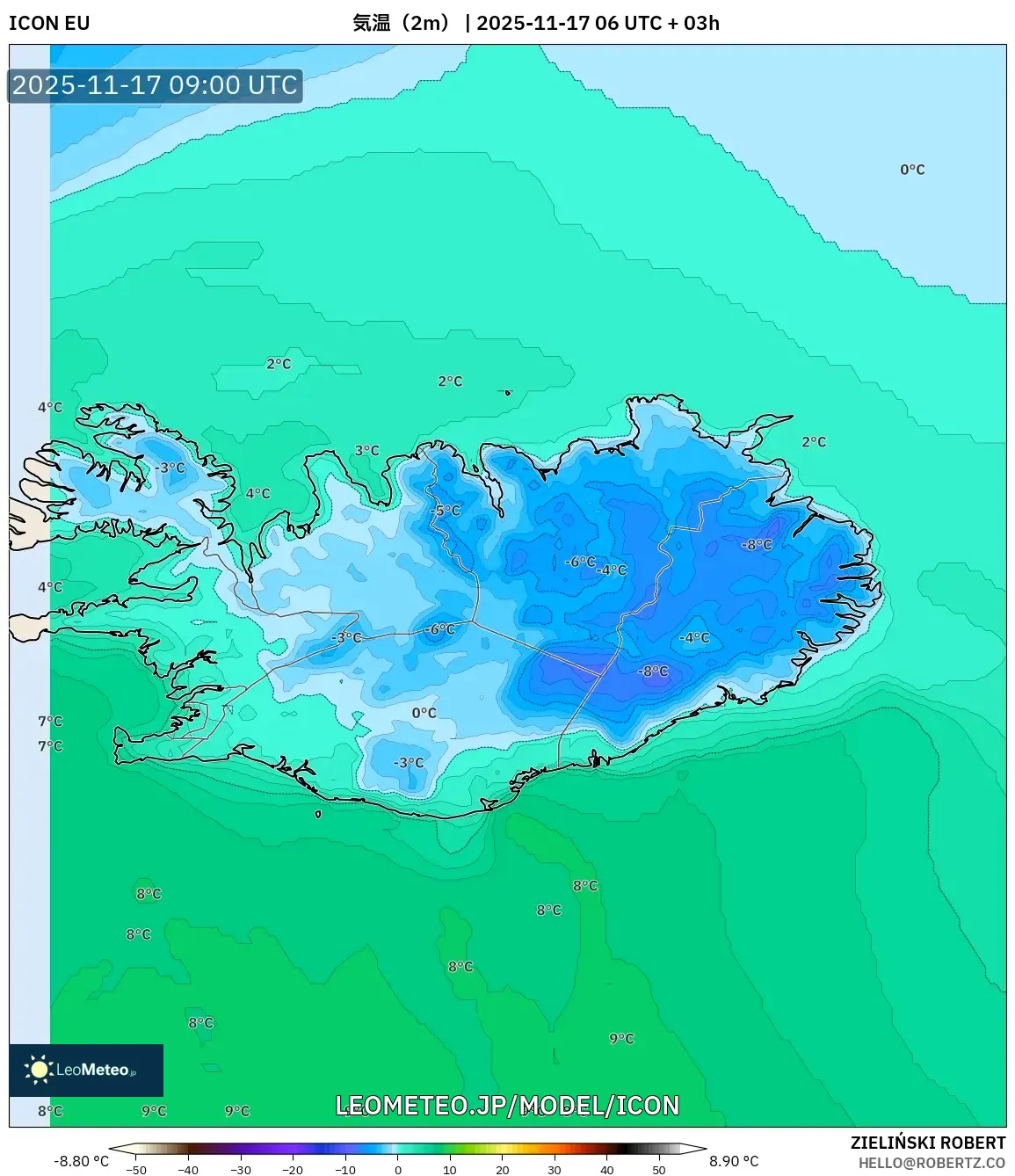 ICON model - アイスランド, 気温（2m）