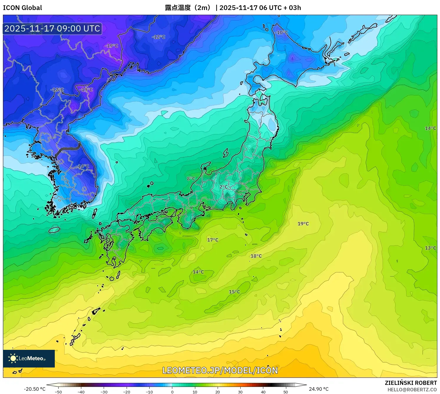 ICON model - 日本, 露点温度（2m）