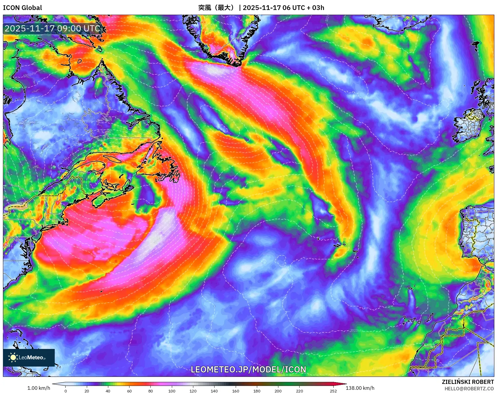 ICON model - 北大西洋, 突風（最大）