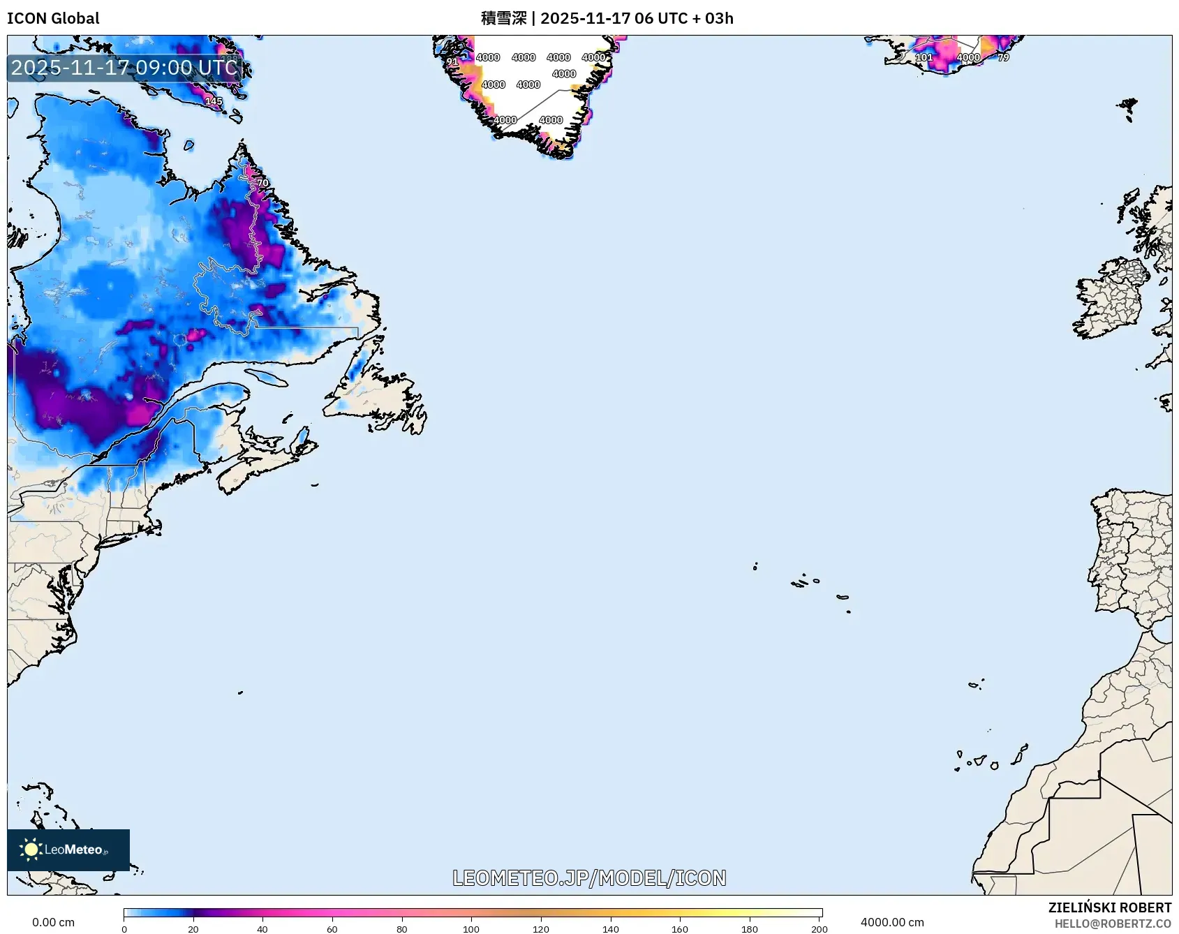 ICON model - 北大西洋, 積雪深