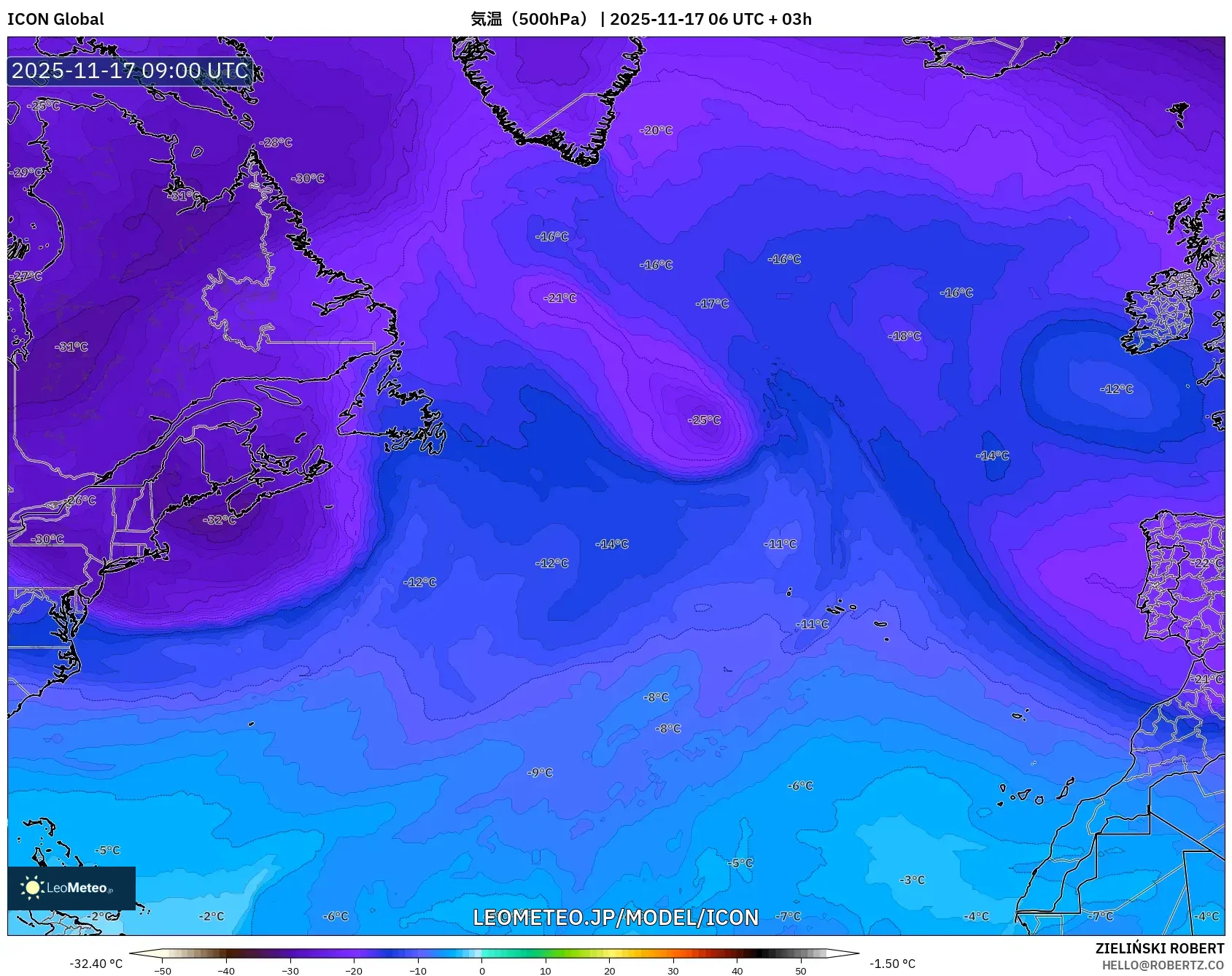 ICON model - 北大西洋, 気温（500hPa）