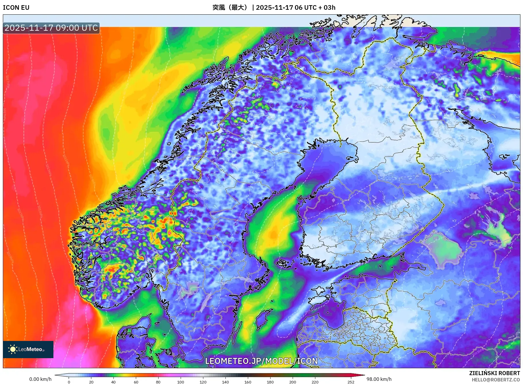 ICON model - スカンジナビア, 突風（最大）
