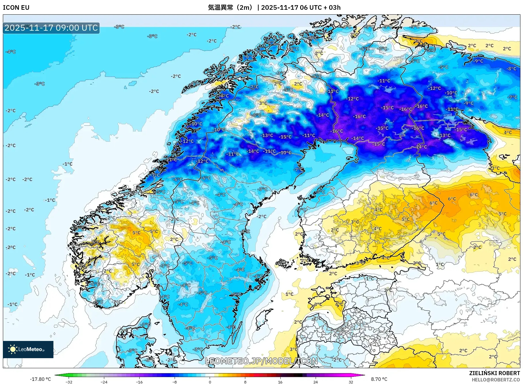 ICON model - スカンジナビア, 気温異常（2m）