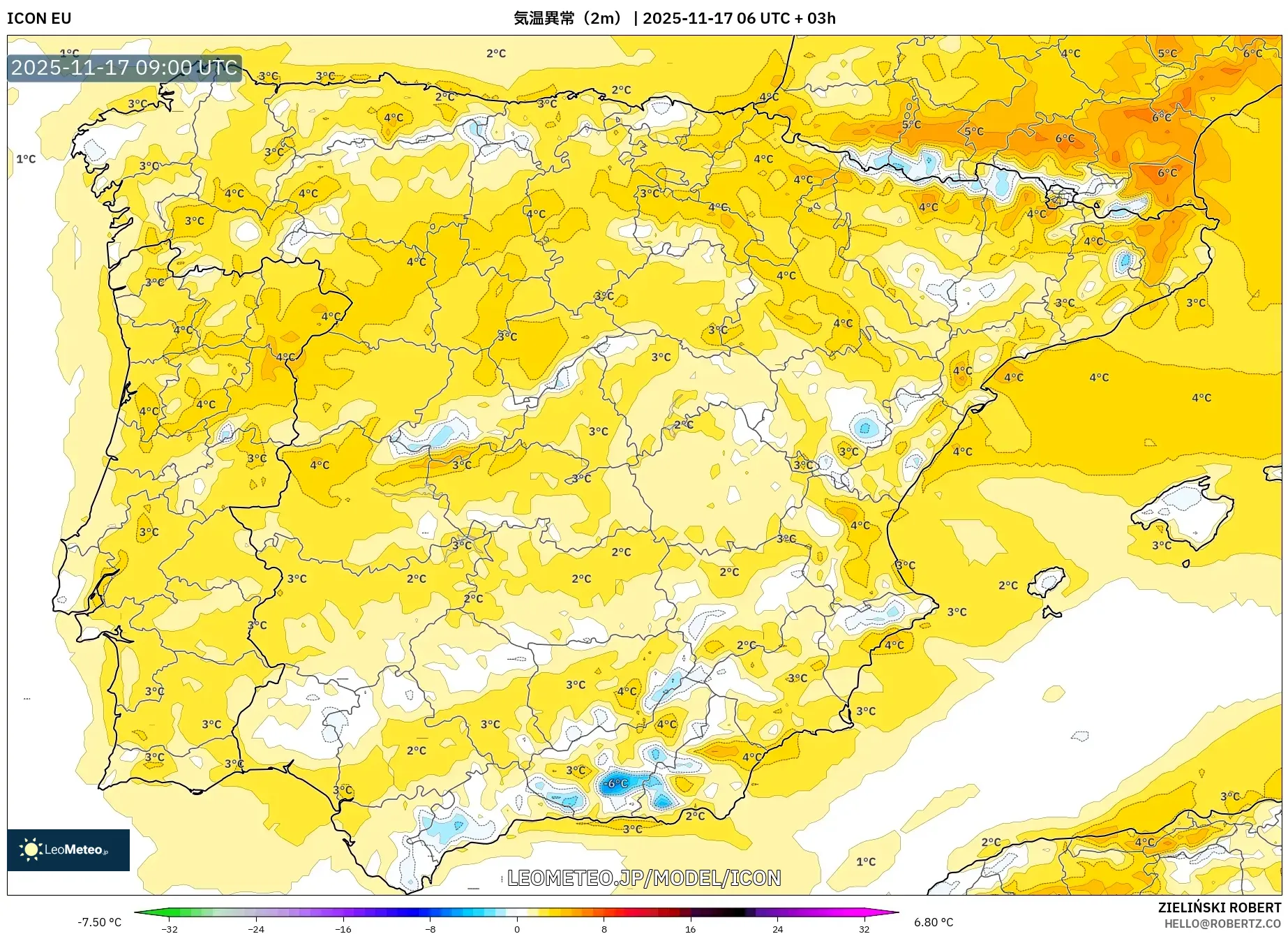 ICON model - スペイン, 気温異常（2m）