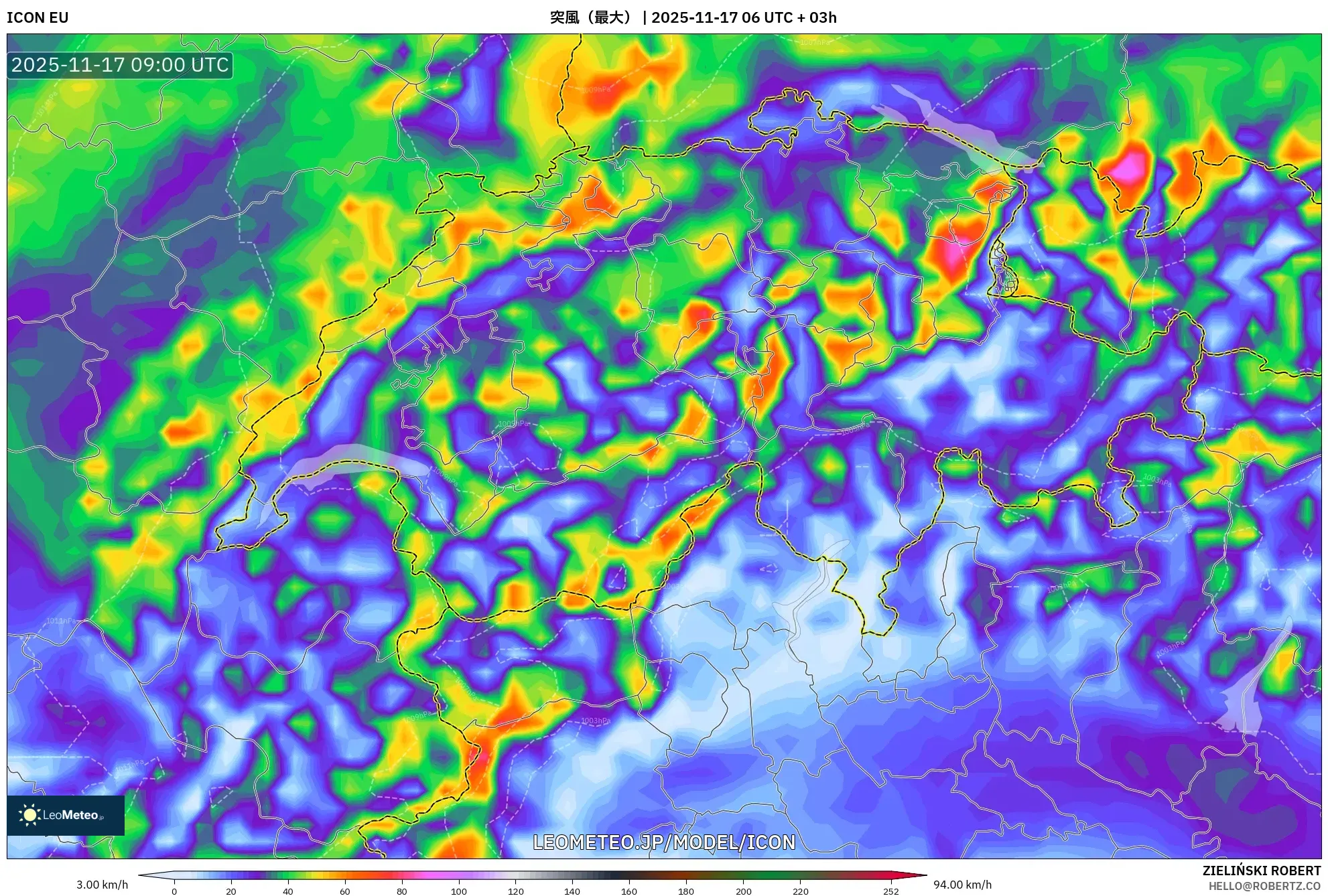 ICON model - スイス, 突風（最大）