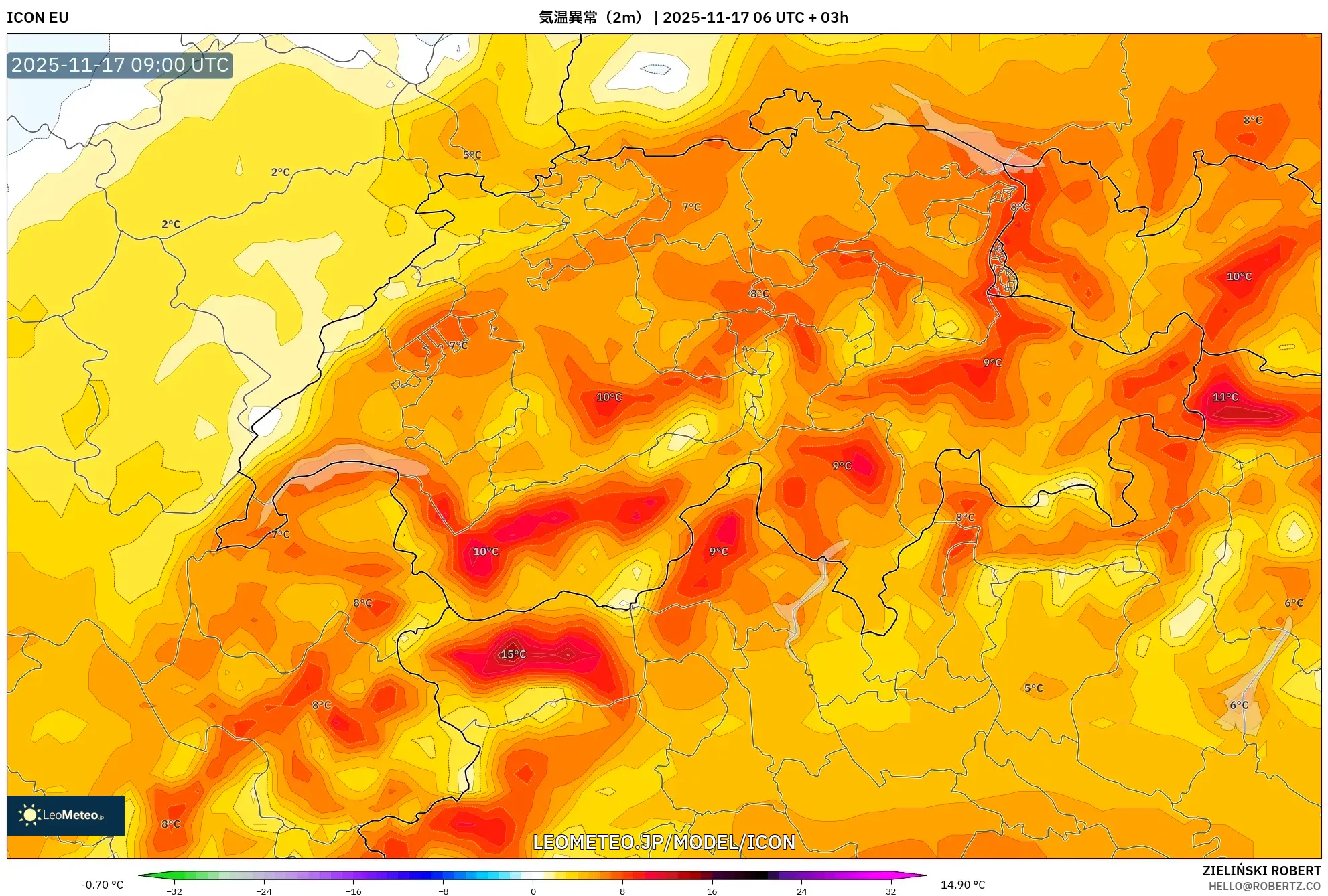 ICON model - スイス, 気温異常（2m）