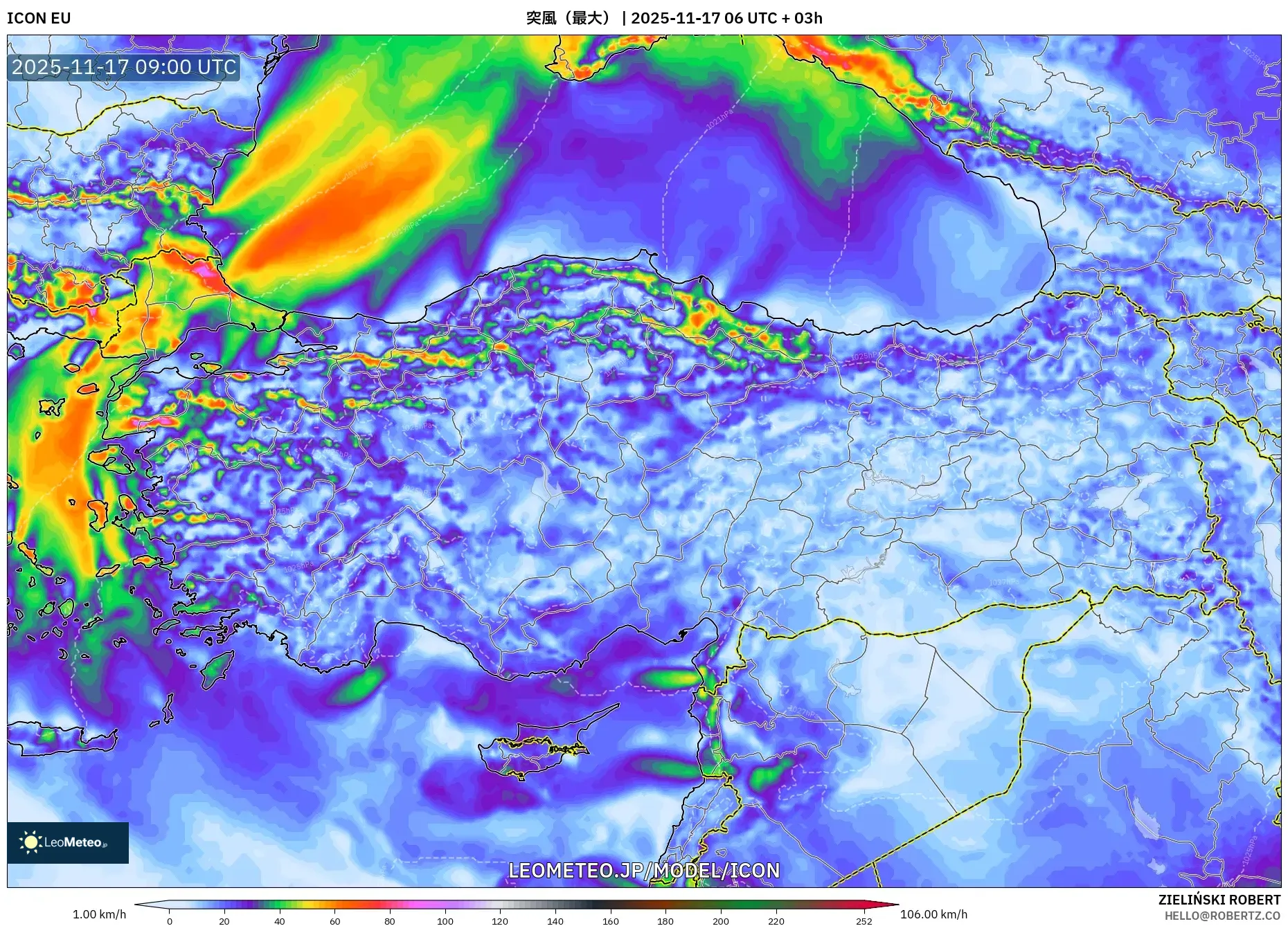 ICON model - トルコ, 突風（最大）