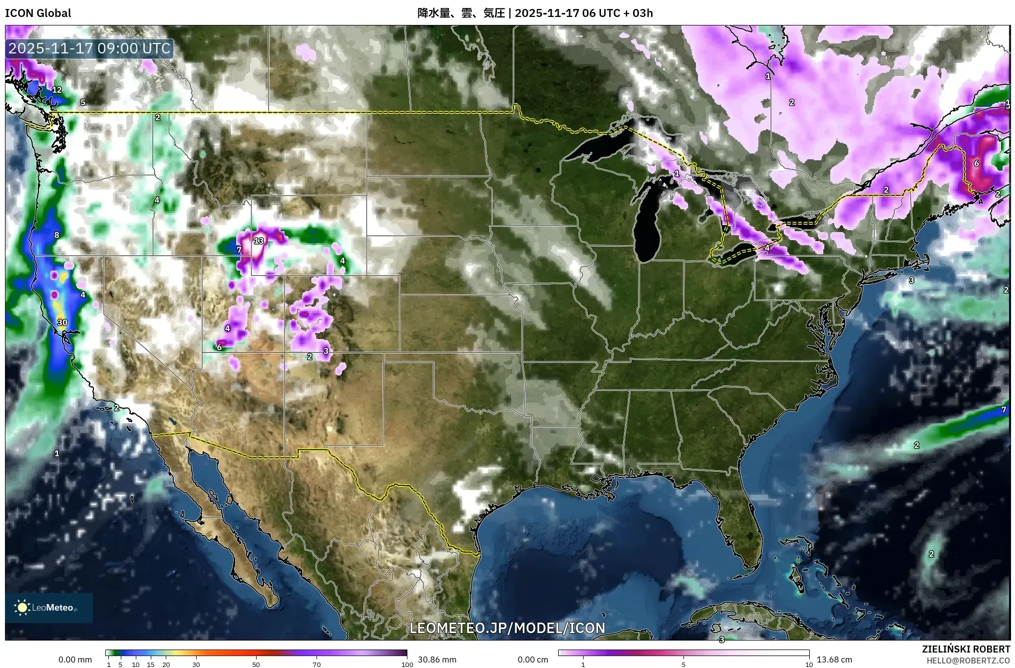 ICON model - アメリカ合衆国, 降水量、雲、気圧