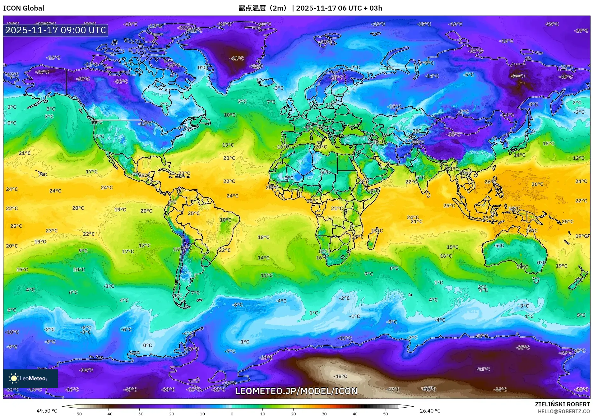 ICON model - 世界, 露点温度（2m）