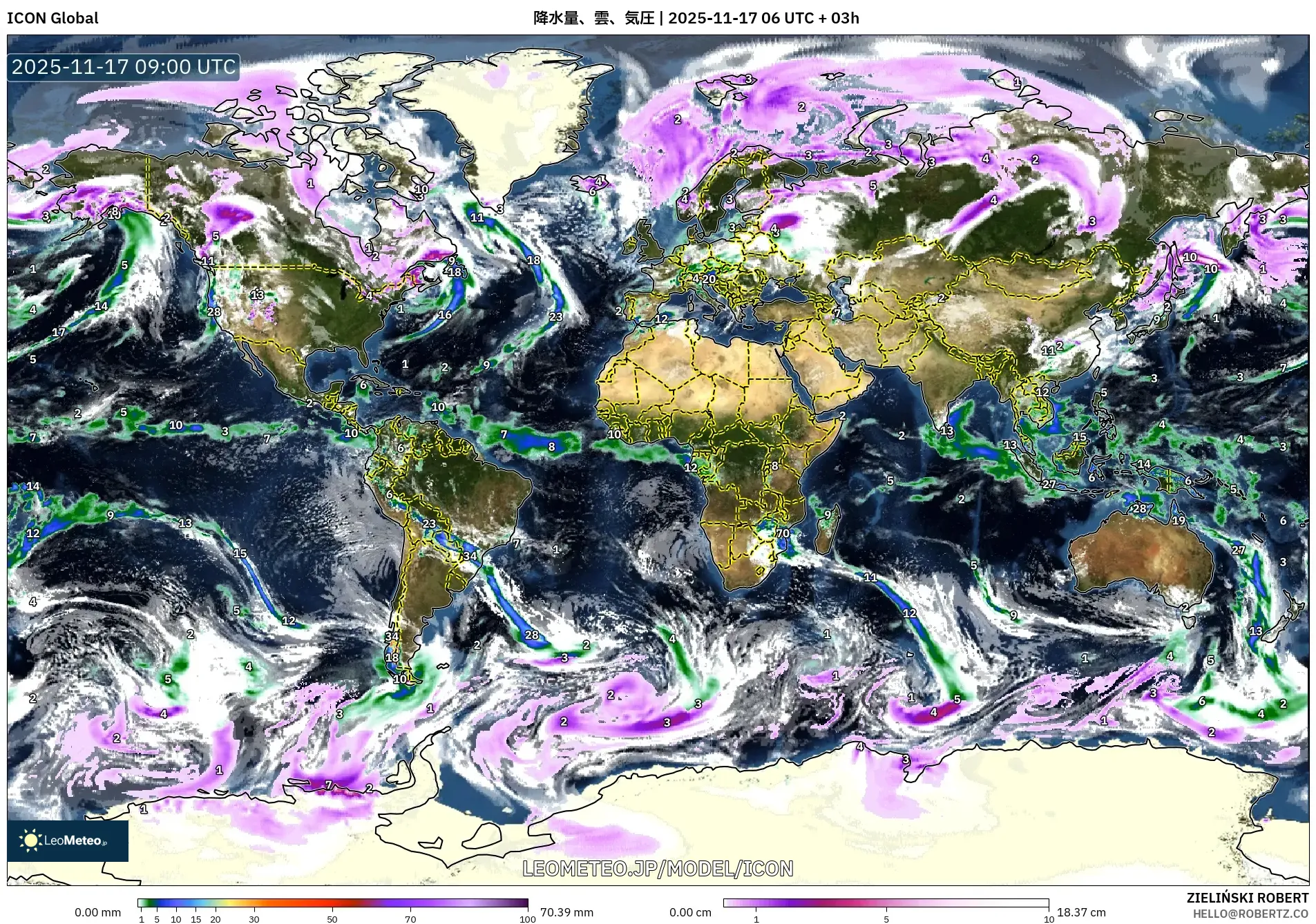 ICON model - 世界, 降水量、雲、気圧