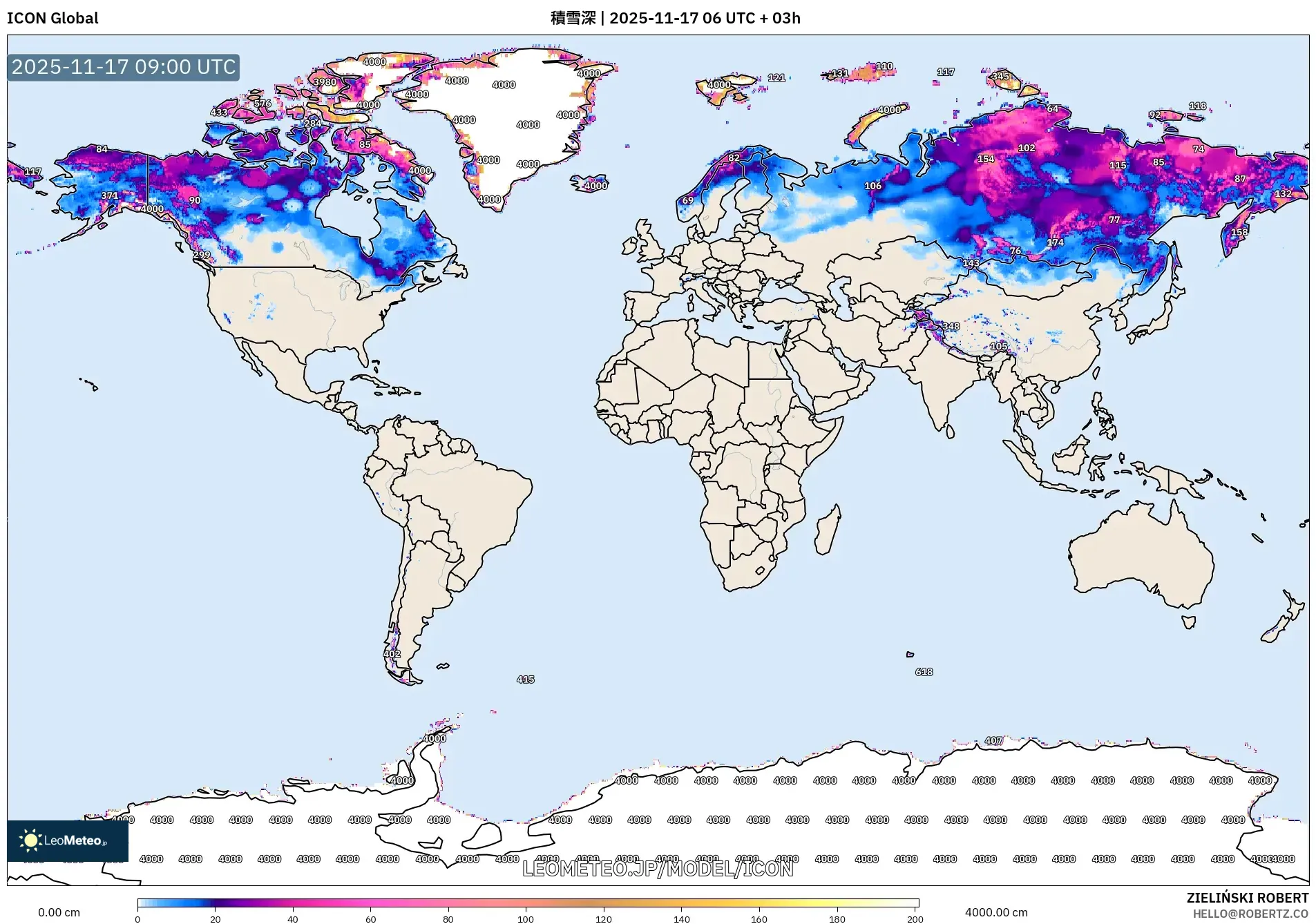 ICON model - 世界, 積雪深