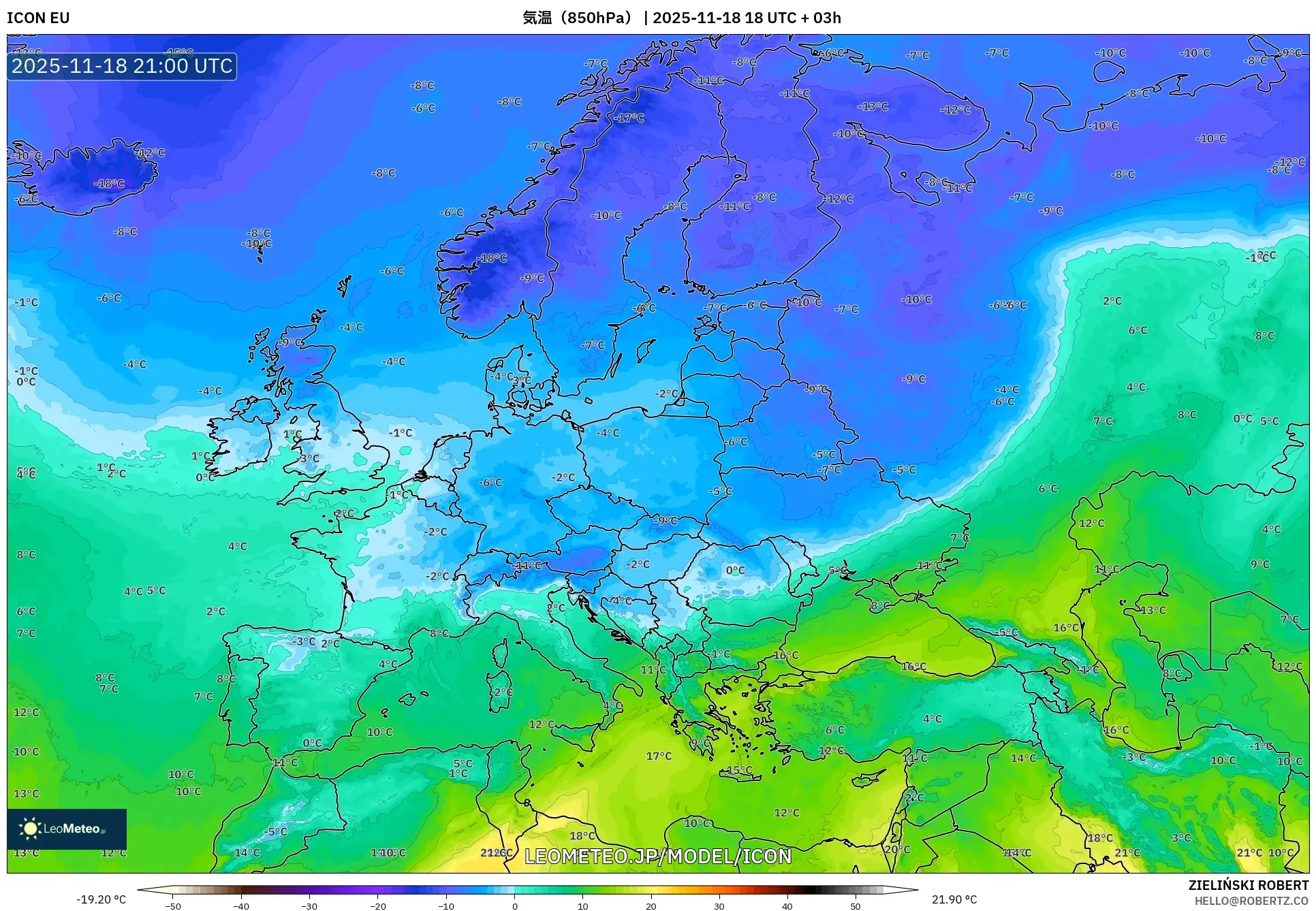 ICON model - ヨーロッパ, 気温（850hPa）