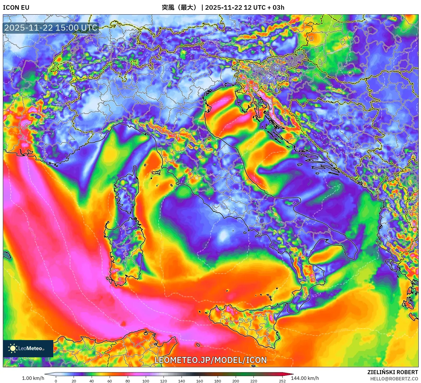 ICON model - イタリア, 突風（最大）
