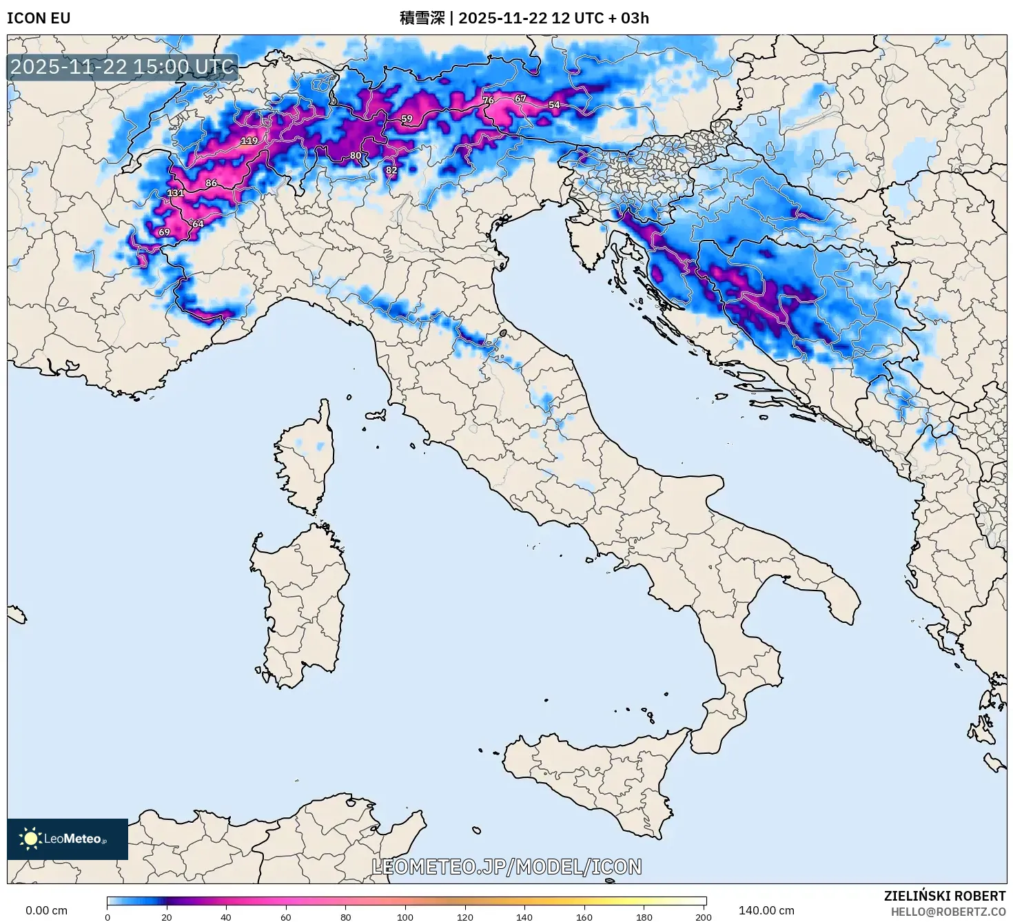 ICON model - イタリア, 積雪深