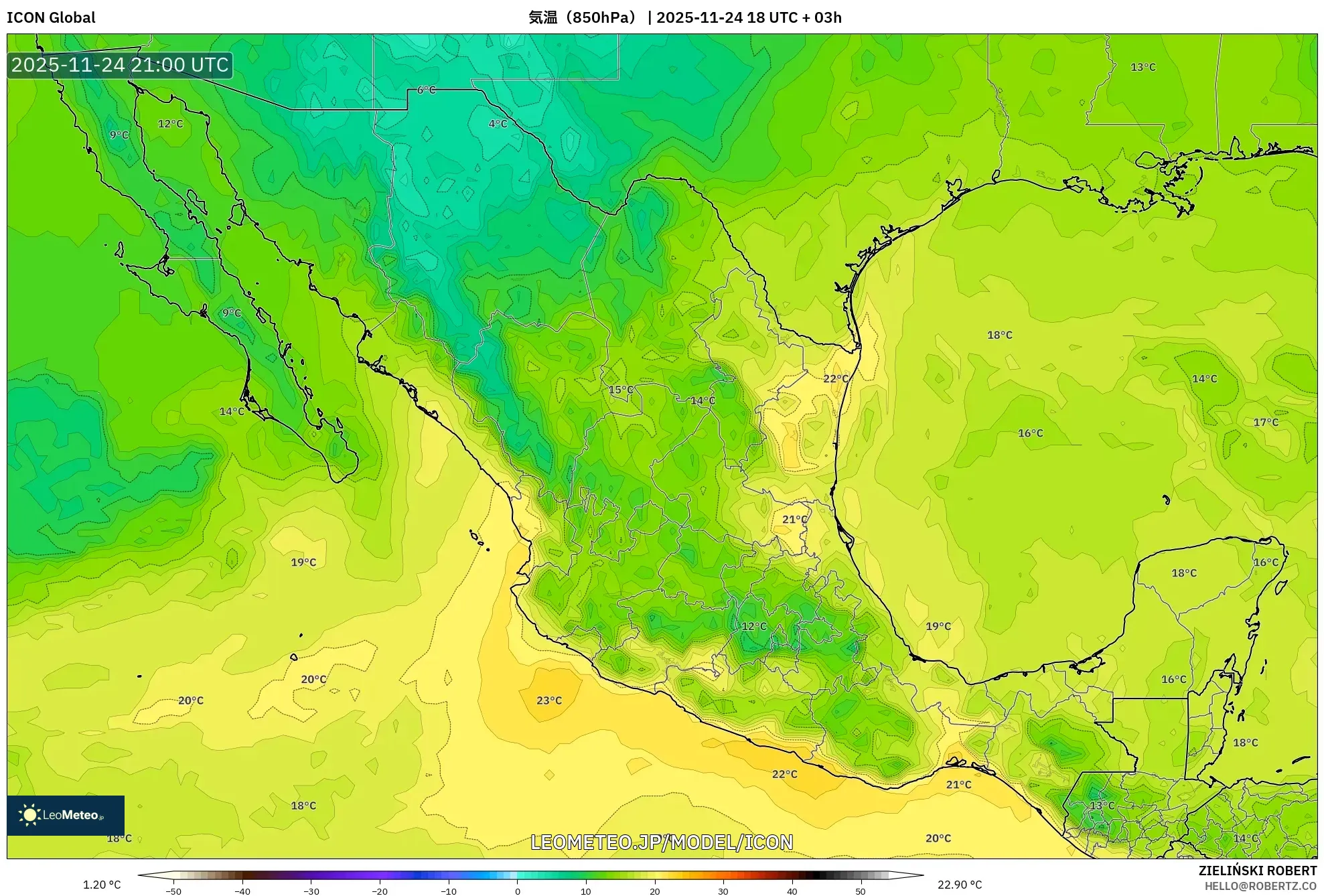 ICON model - メキシコ, 気温（850hPa）