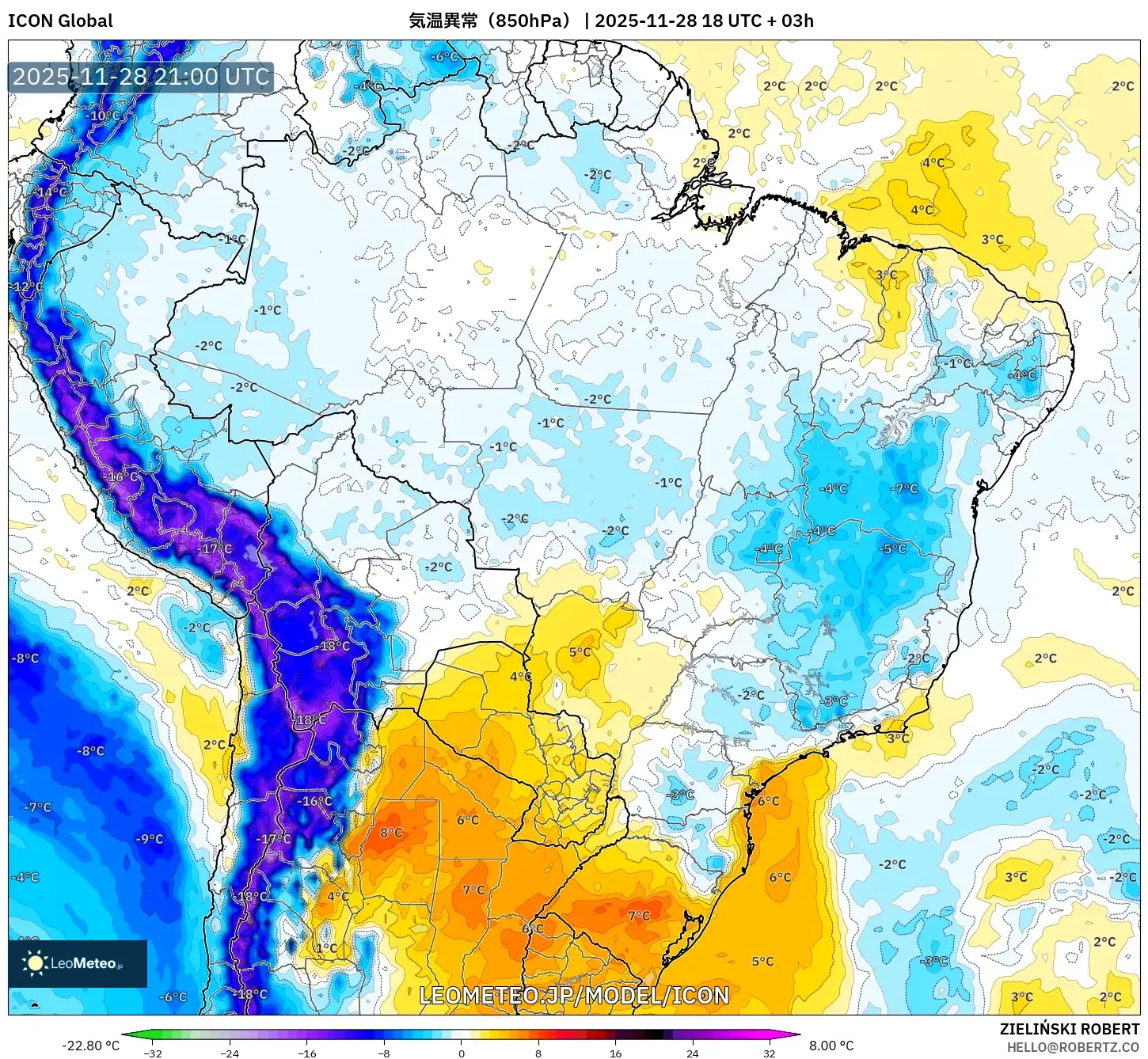 ICON model - ブラジル, 気温異常（850hPa）