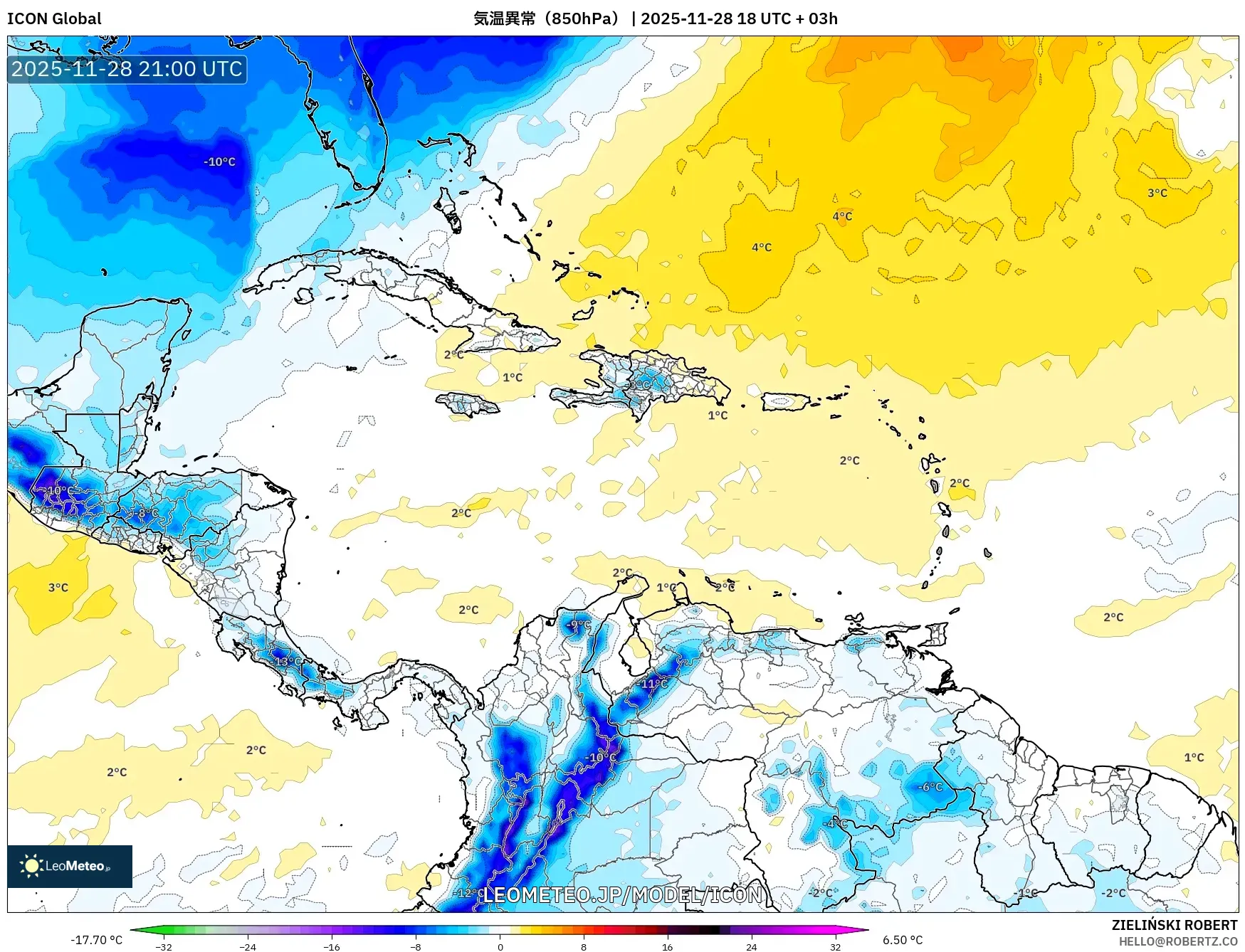 ICON model - カリブ海, 気温異常（850hPa）