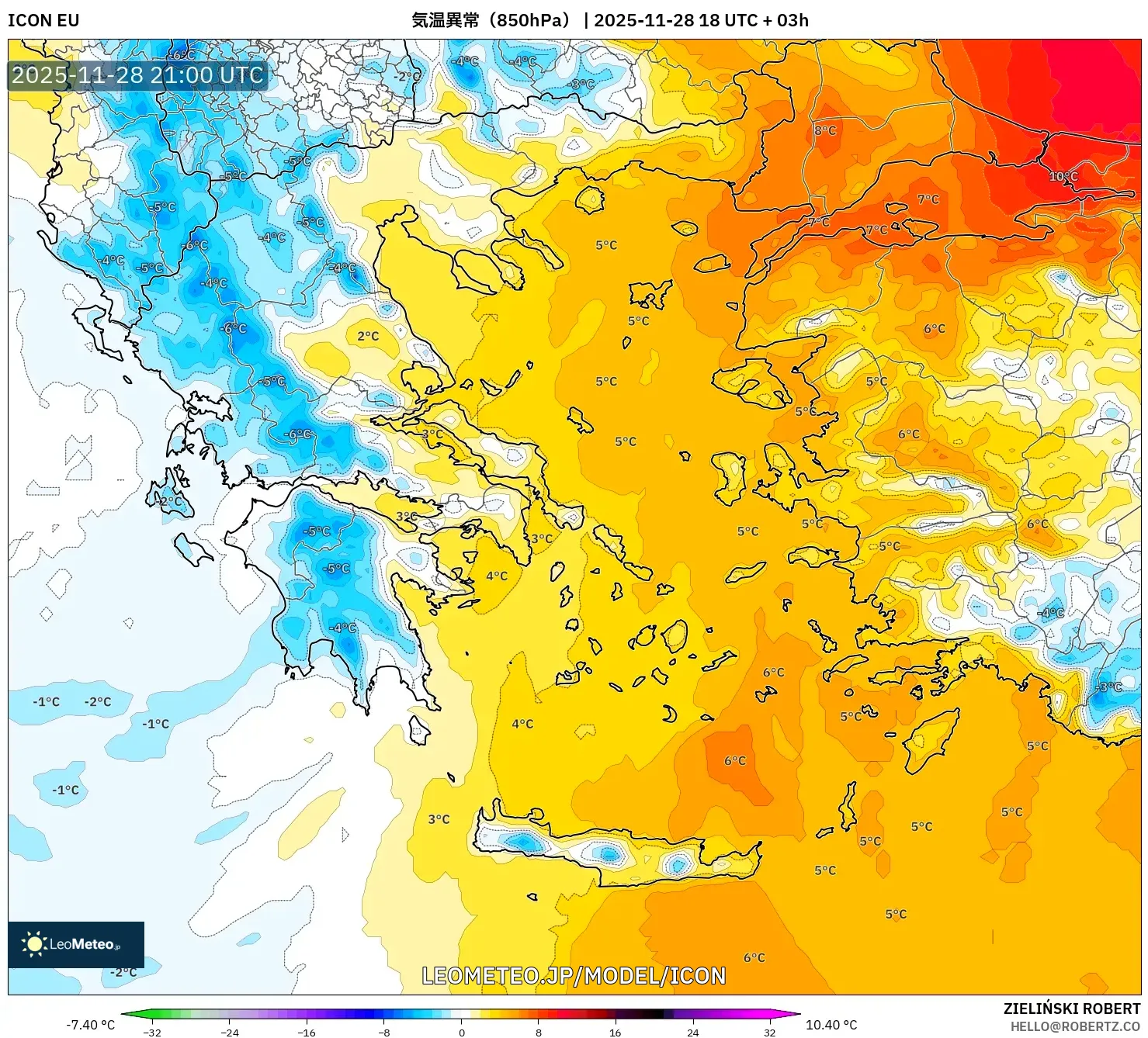 ICON model - ギリシャ, 気温異常（850hPa）