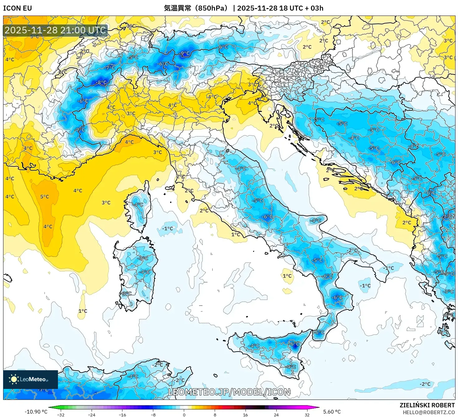 ICON model - イタリア, 気温異常（850hPa）