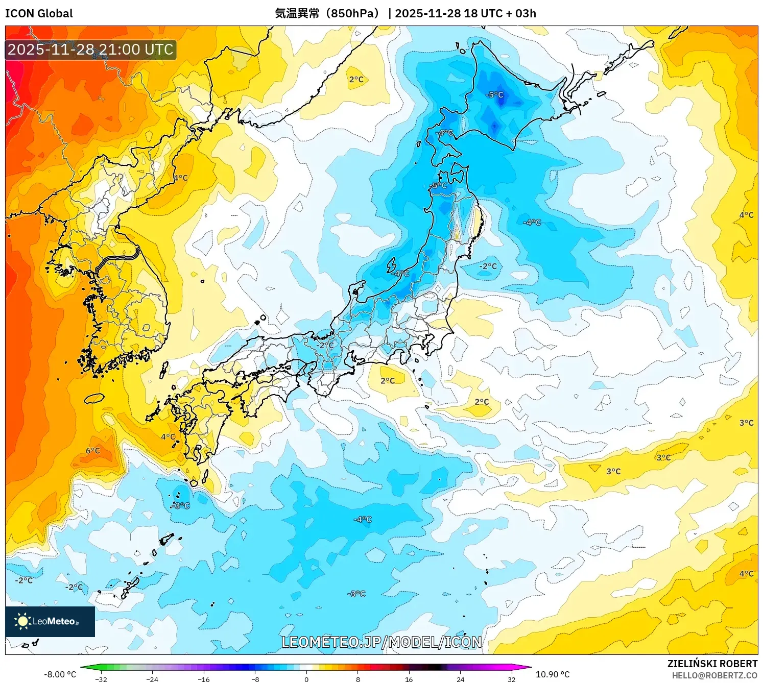 ICON model - 日本, 気温異常（850hPa）