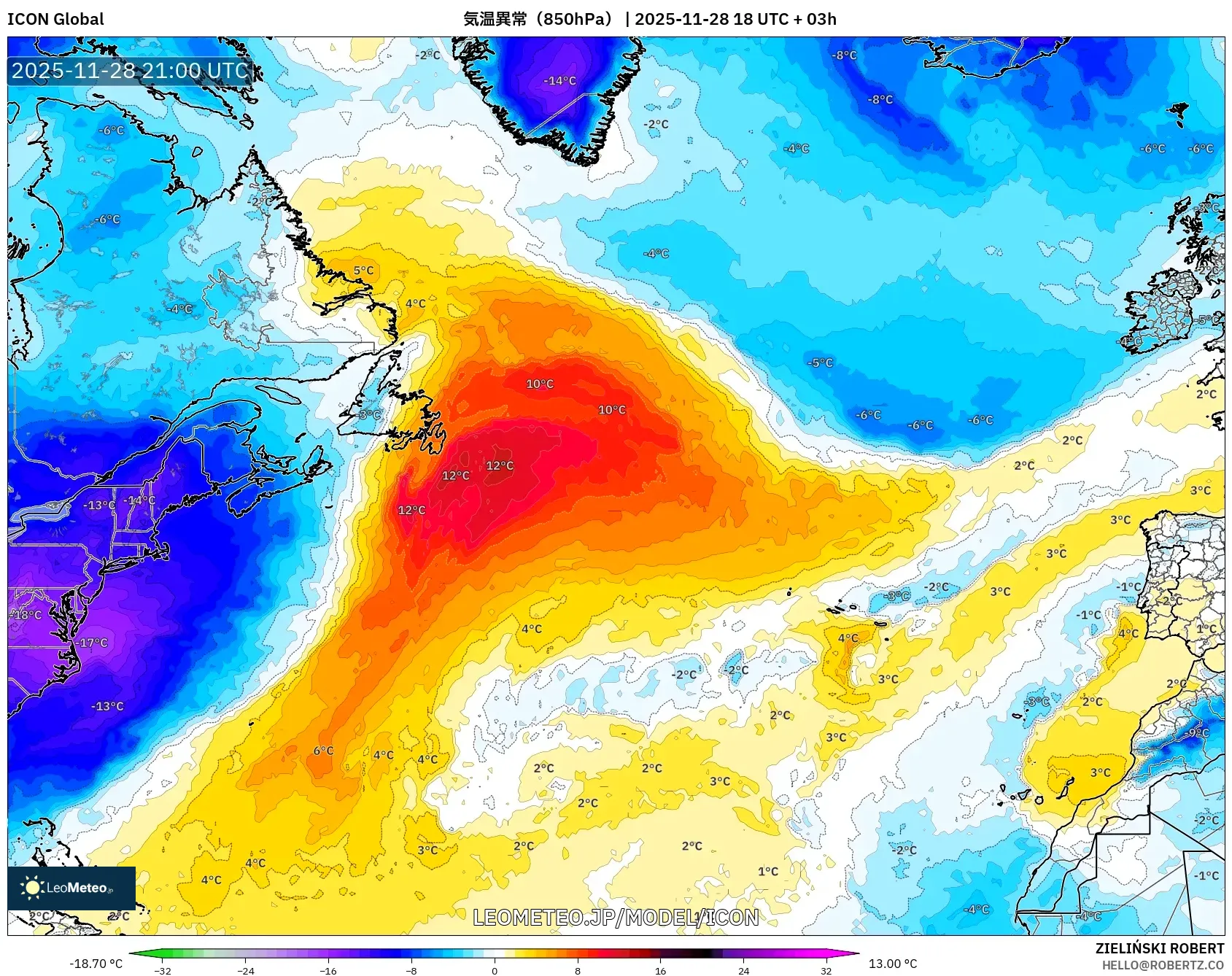 ICON model - 北大西洋, 気温異常（850hPa）