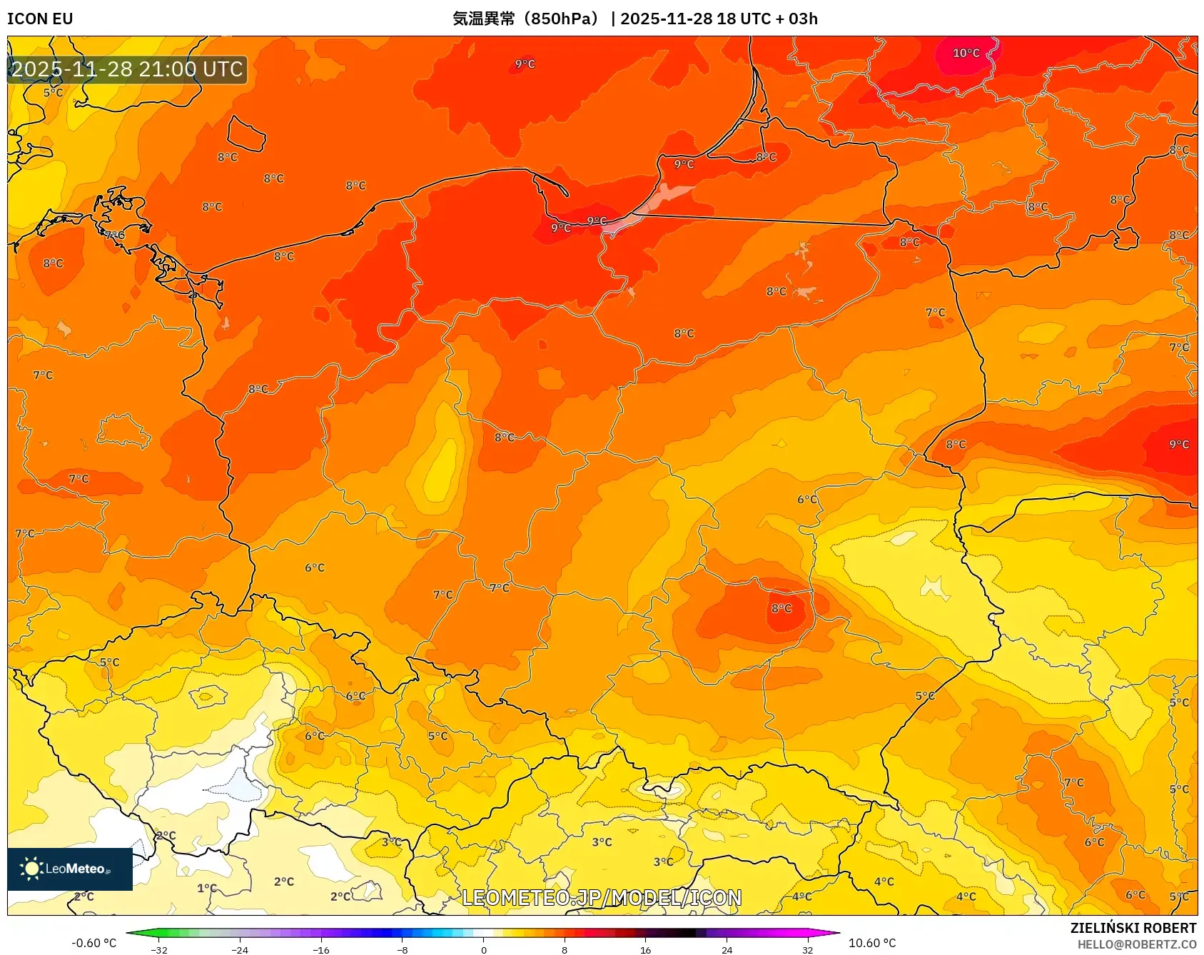 ICON model - ポーランド, 気温異常（850hPa）