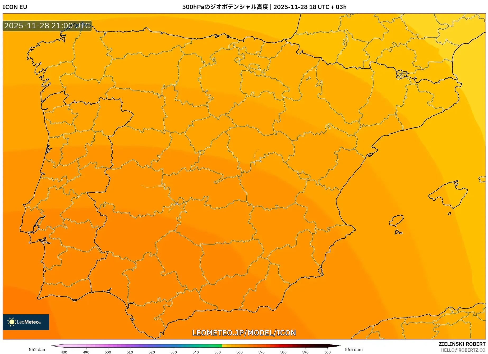 ICON model - スペイン, 500hPaのジオポテンシャル高度